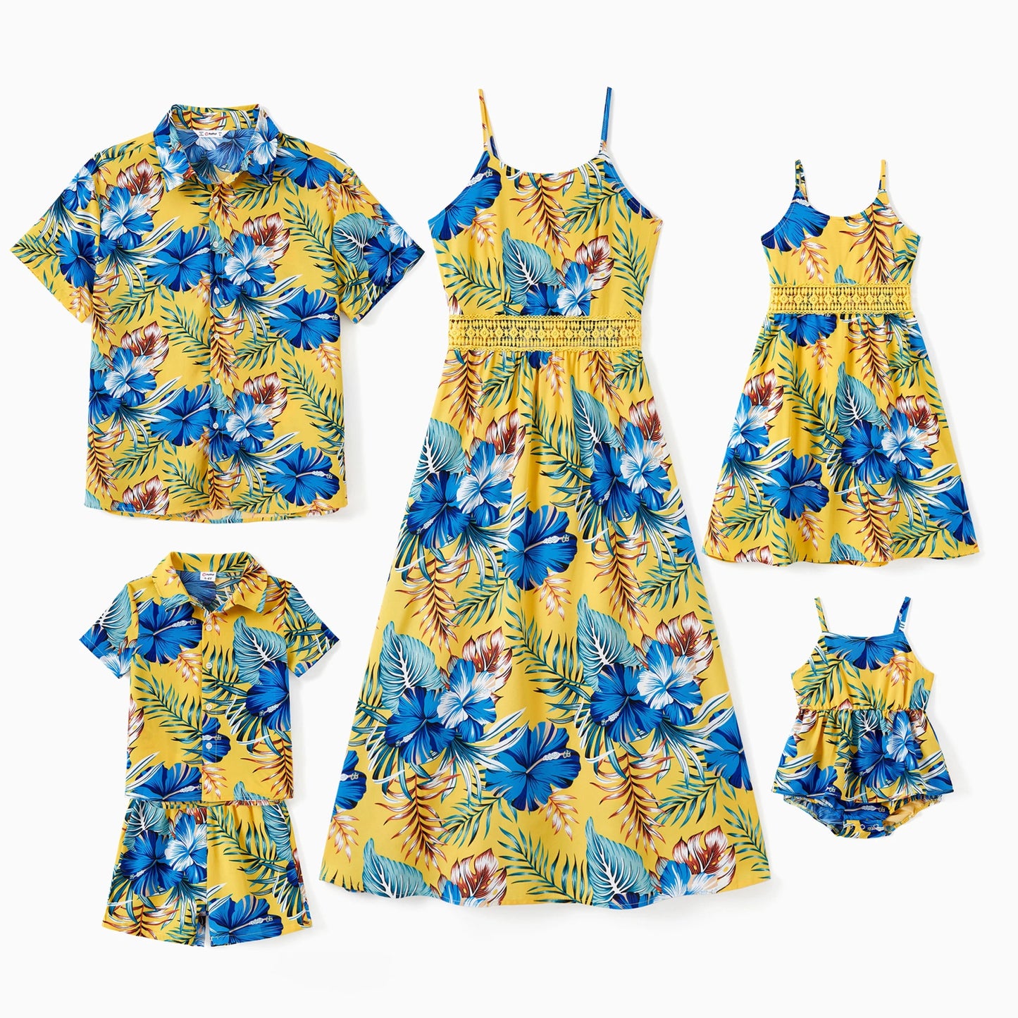 PatPat Family Matching Beach Shirt or Yellow Floral Lace Waist Shirred Back Strap Dress Sets - PratSN