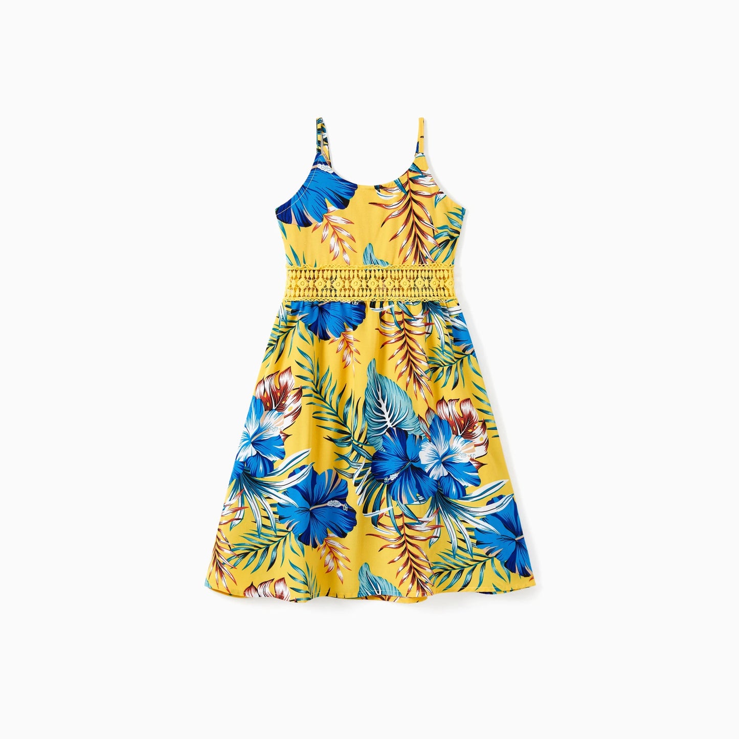 PatPat Family Matching Beach Shirt or Yellow Floral Lace Waist Shirred Back Strap Dress Sets - PratSN