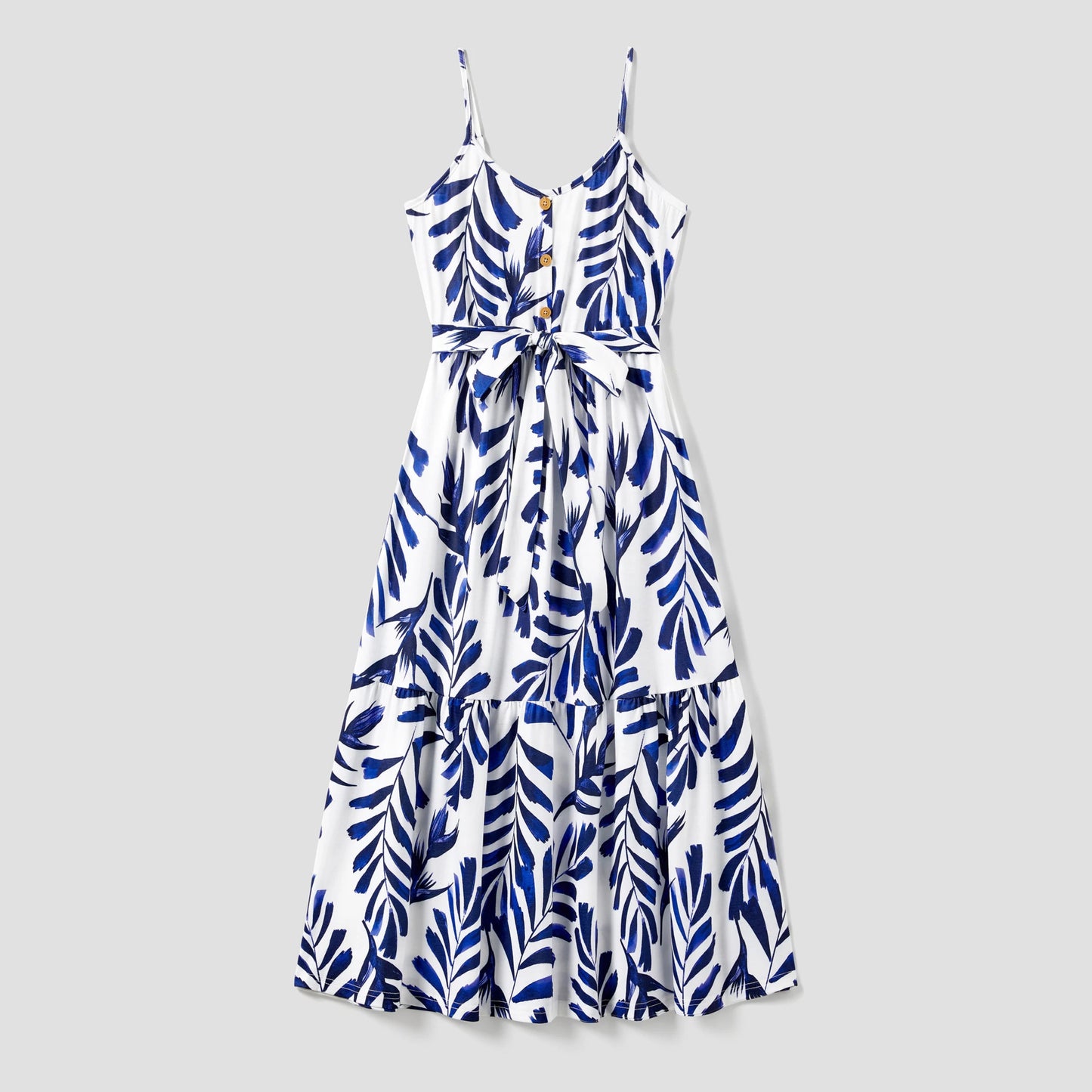 PatPat Family Matching Modern Blue and White Botanical Leaf Design Button Strap Dress and Color Block Tee Sets - PratSN