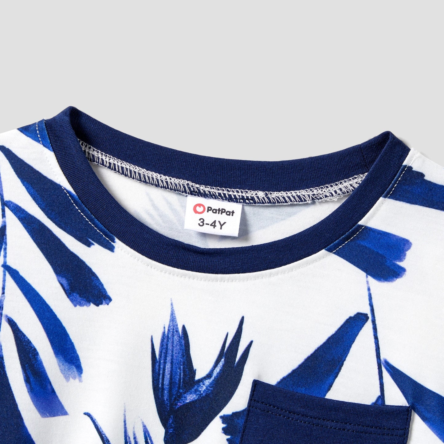 PatPat Family Matching Modern Blue and White Botanical Leaf Design Button Strap Dress and Color Block Tee Sets - PratSN