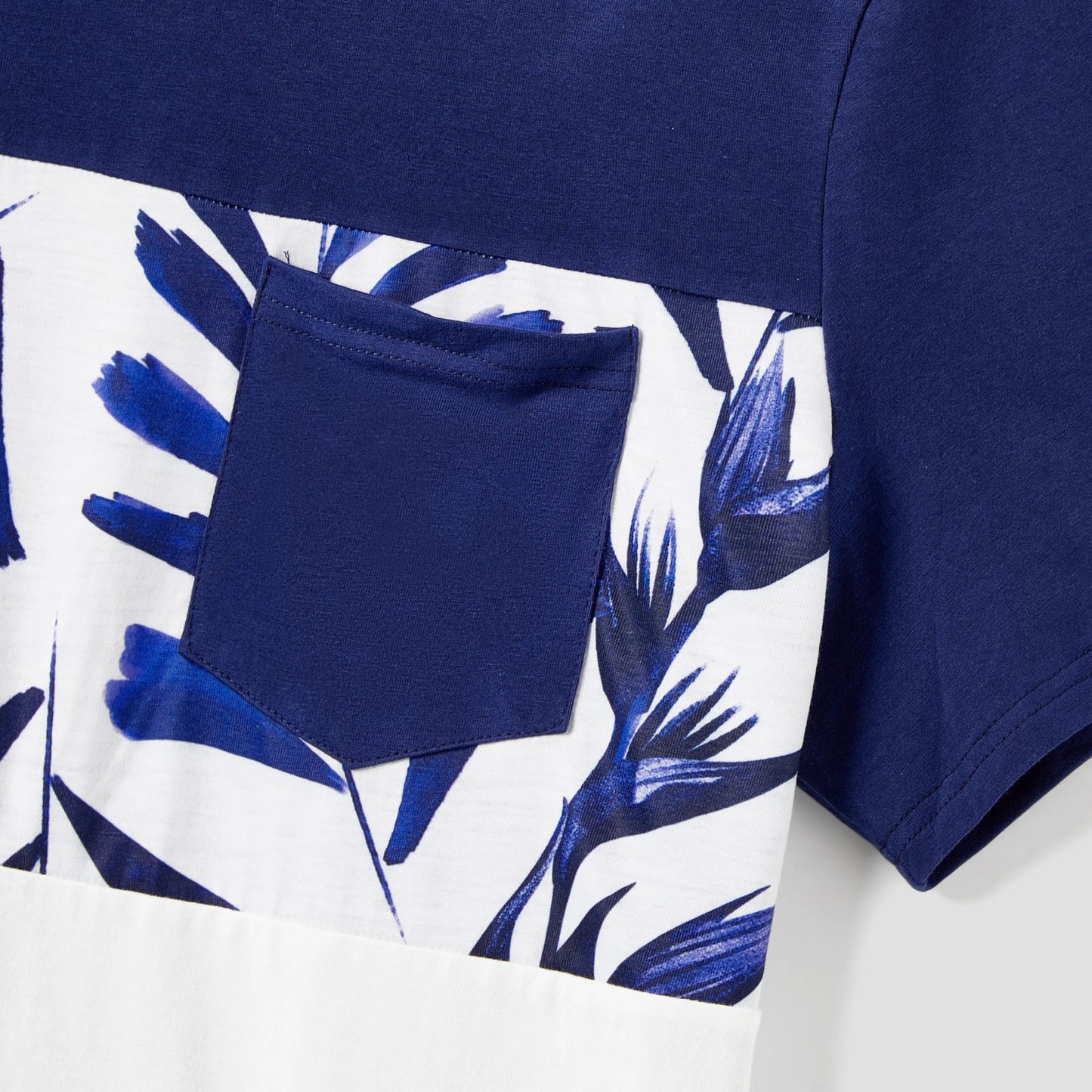 PatPat Family Matching Modern Blue and White Botanical Leaf Design Button Strap Dress and Color Block Tee Sets - PratSN