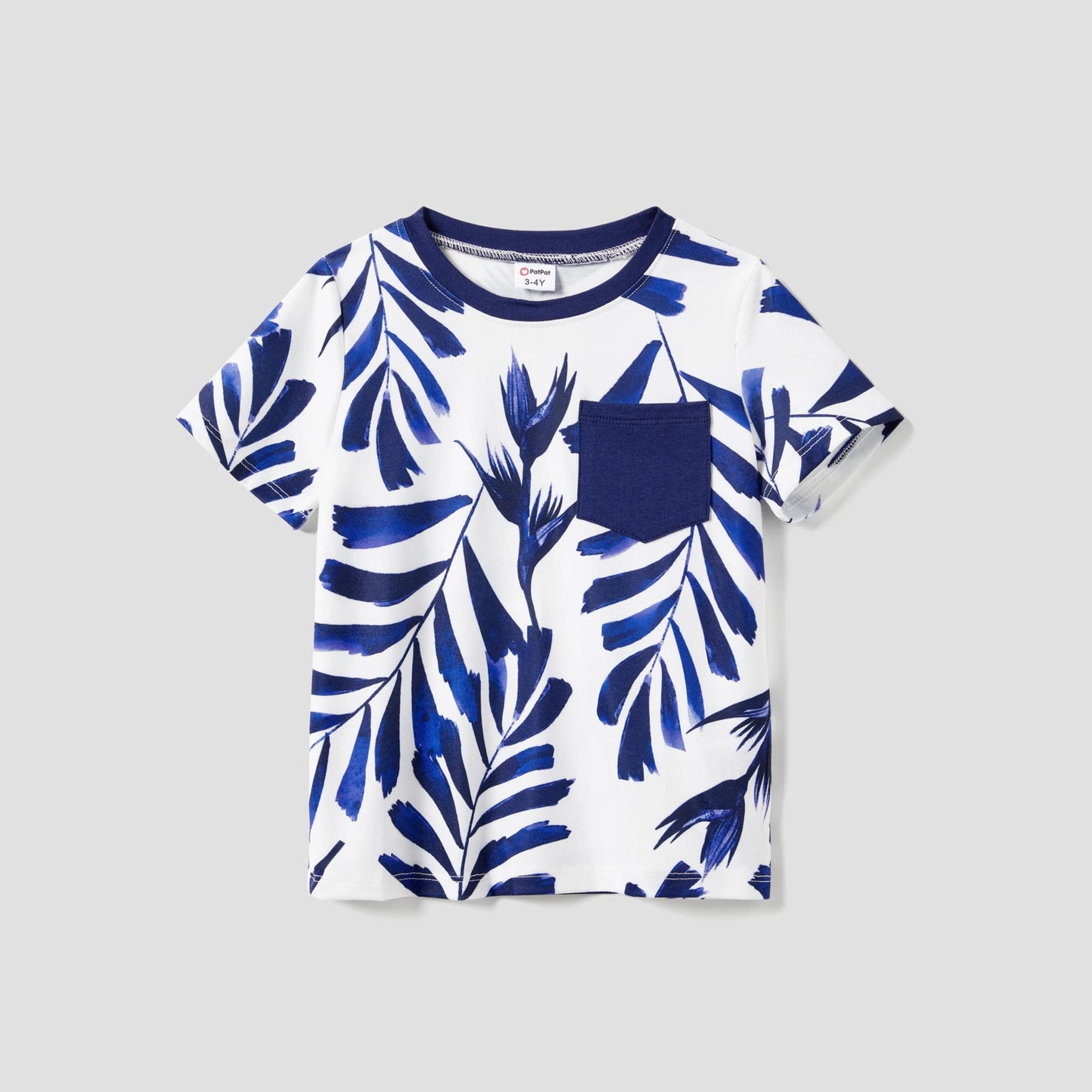 PatPat Family Matching Modern Blue and White Botanical Leaf Design Button Strap Dress and Color Block Tee Sets - PratSN