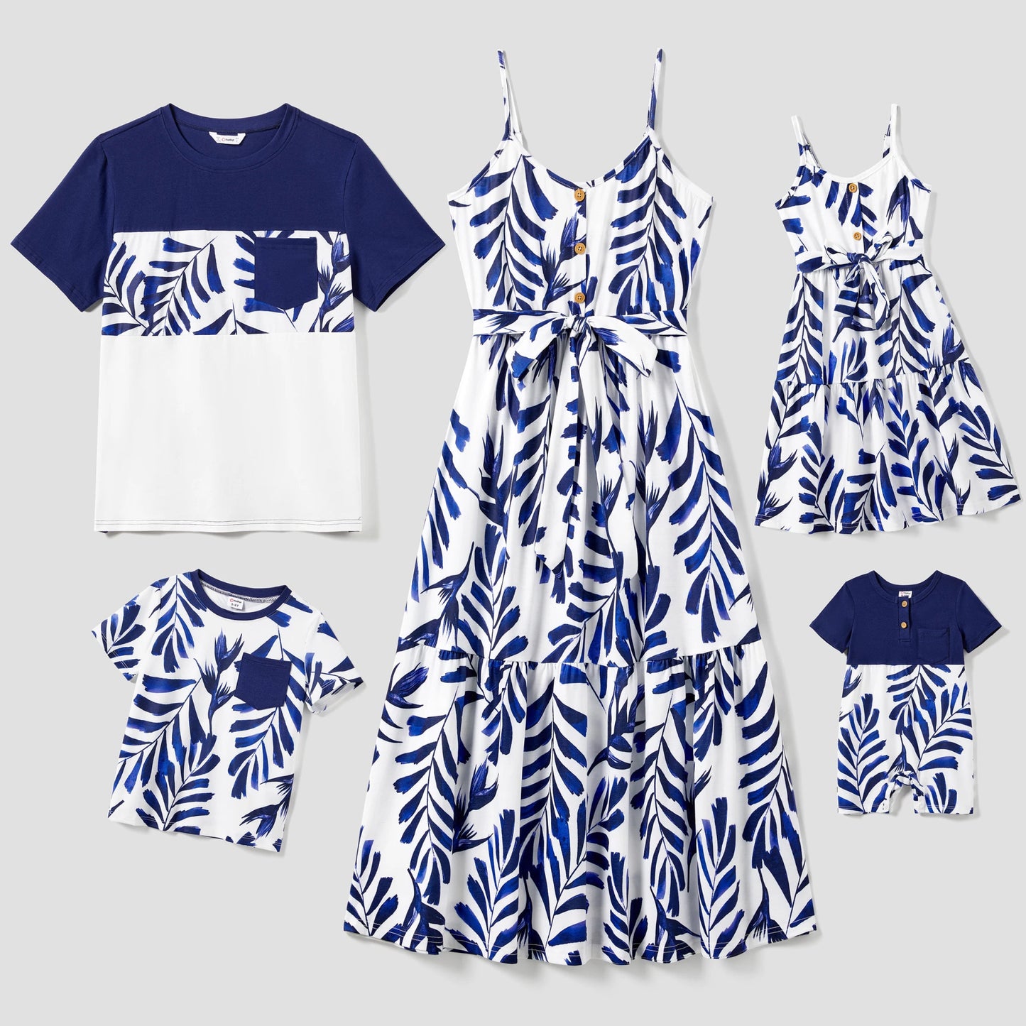 PatPat Family Matching Modern Blue and White Botanical Leaf Design Button Strap Dress and Color Block Tee Sets - PratSN