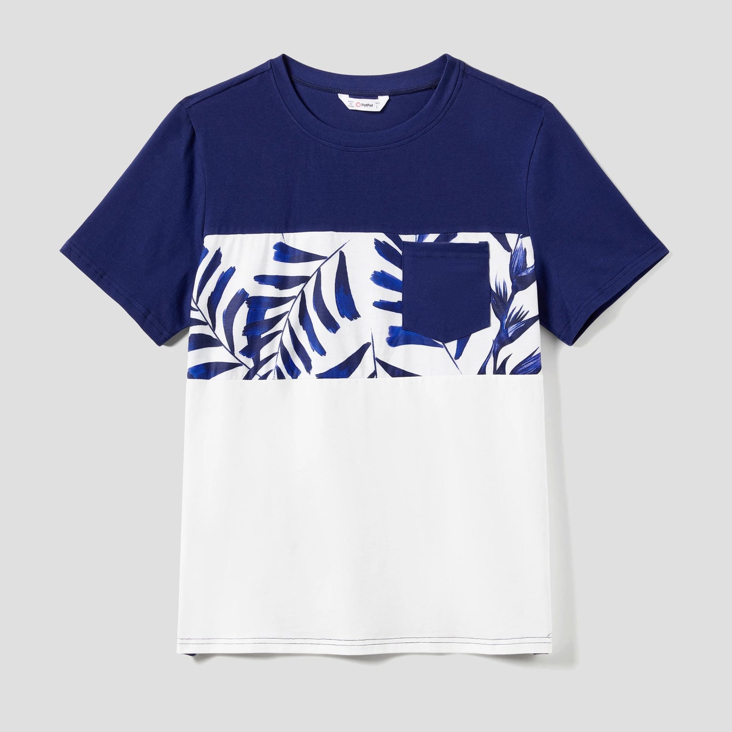PatPat Family Matching Modern Blue and White Botanical Leaf Design Button Strap Dress and Color Block Tee Sets - PratSN