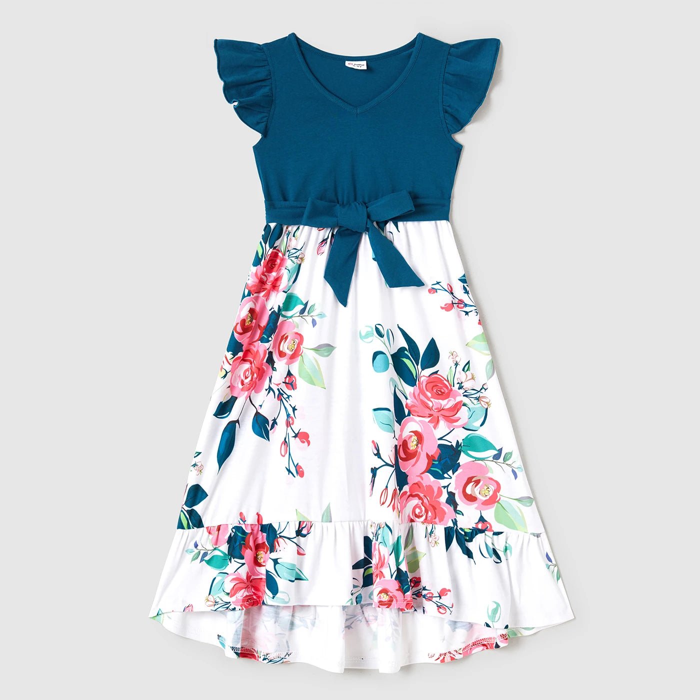 PatPat Family Matching Outfits Solid V Neck Flutter - sleeve Splicing Floral Print Dresses Short - sleeve Colorblock T-shirts Sets - PratSN