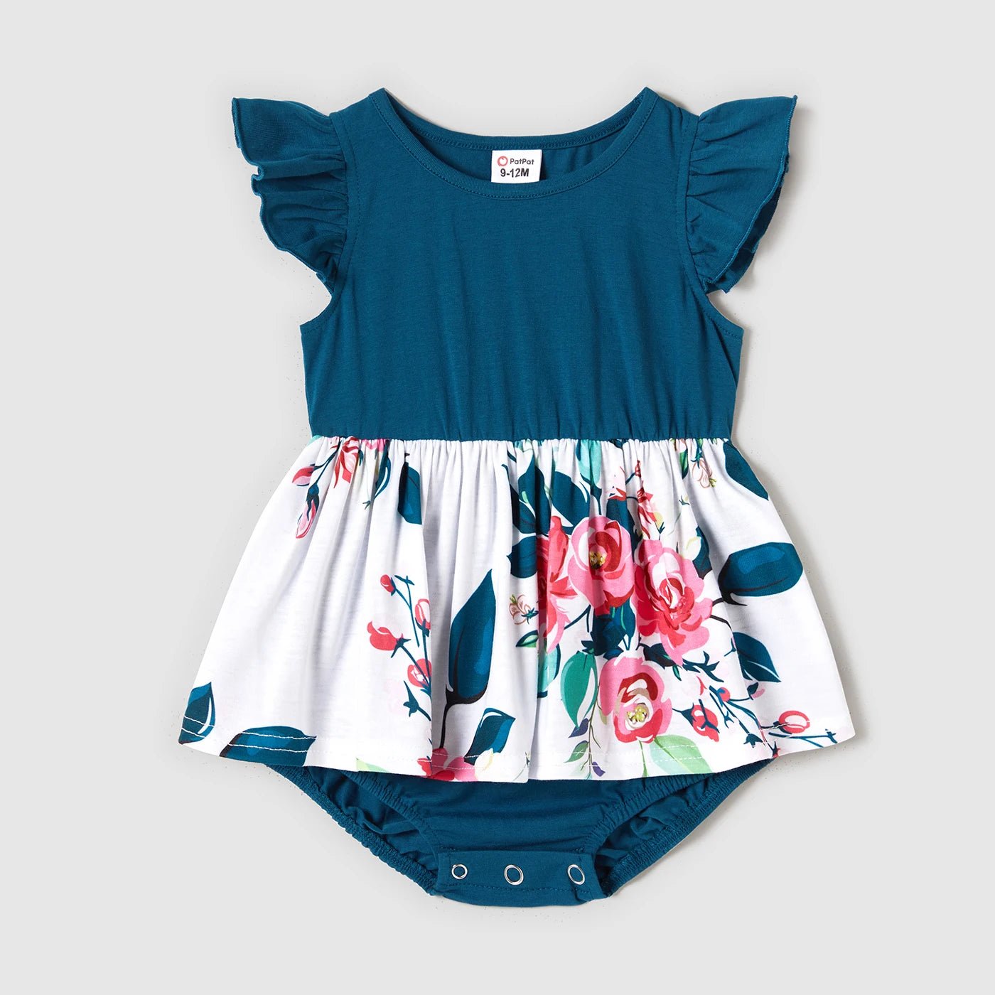 PatPat Family Matching Outfits Solid V Neck Flutter - sleeve Splicing Floral Print Dresses Short - sleeve Colorblock T-shirts Sets - PratSN