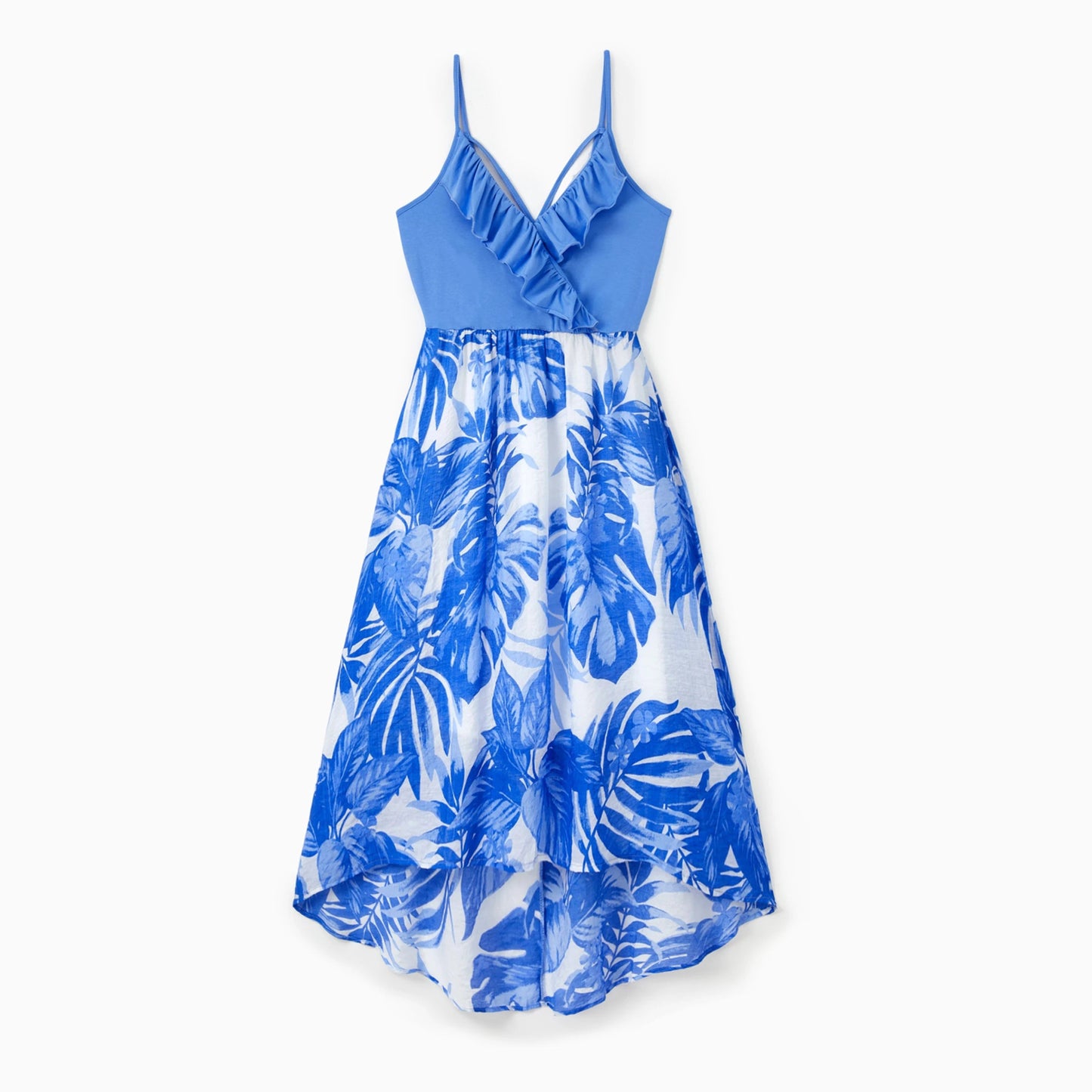 PatPat Family Matching Sets Blue Tropical Floral Panel Tee or Ruffle Neck Cross Back High - Low Strap Dress - PratSN