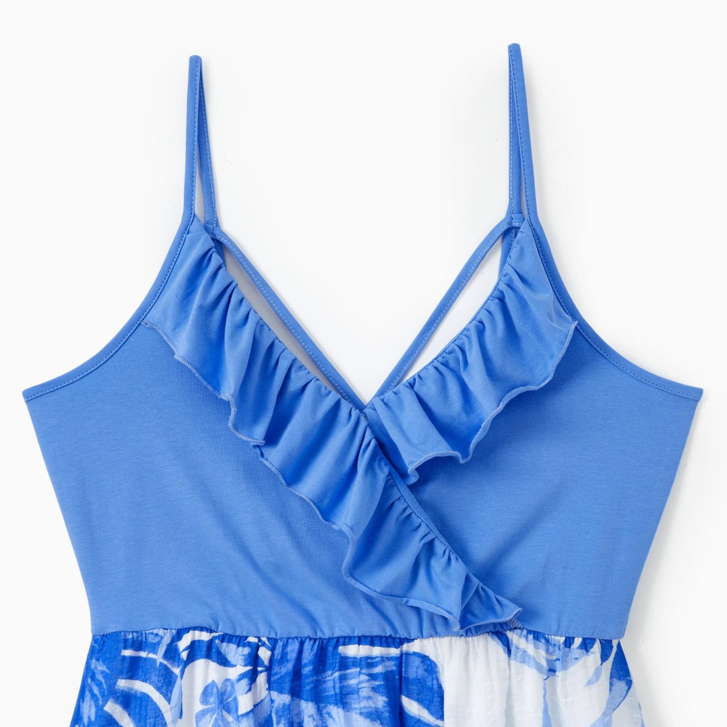 PatPat Family Matching Sets Blue Tropical Floral Panel Tee or Ruffle Neck Cross Back High - Low Strap Dress - PratSN