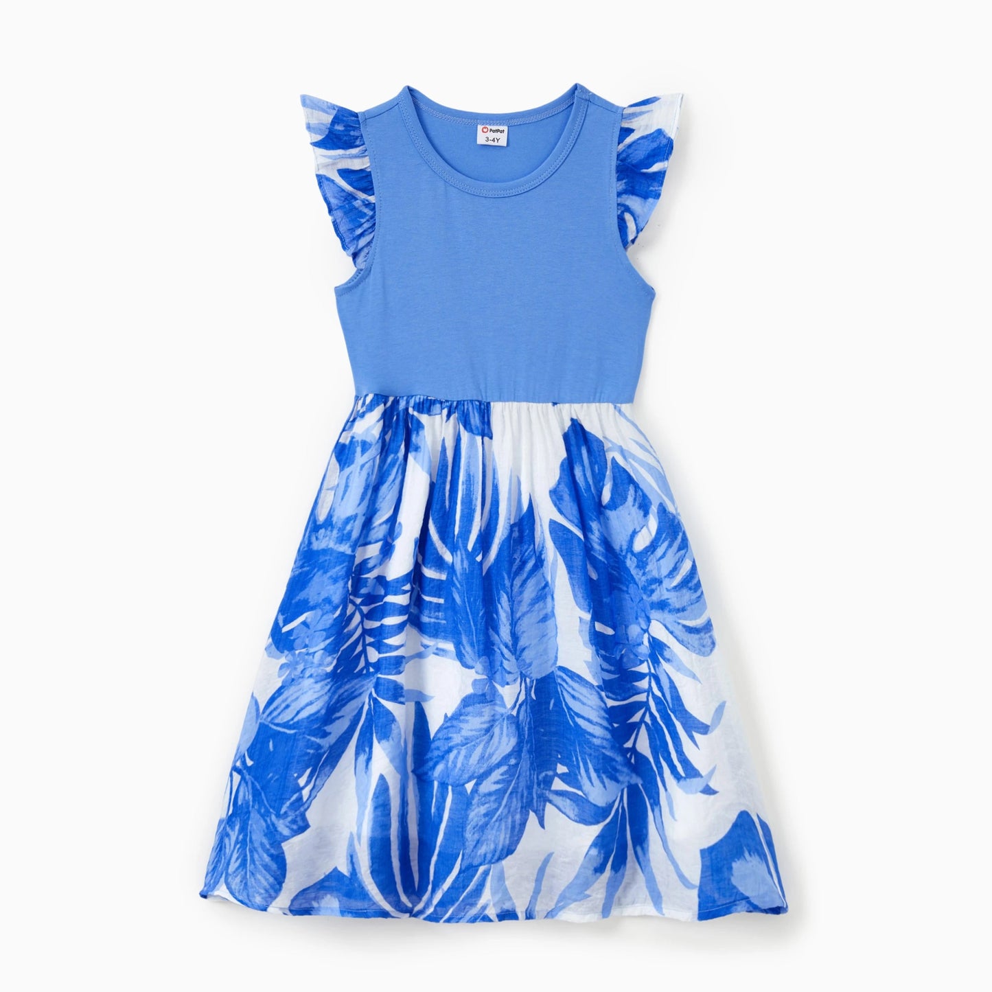 PatPat Family Matching Sets Blue Tropical Floral Panel Tee or Ruffle Neck Cross Back High - Low Strap Dress - PratSN