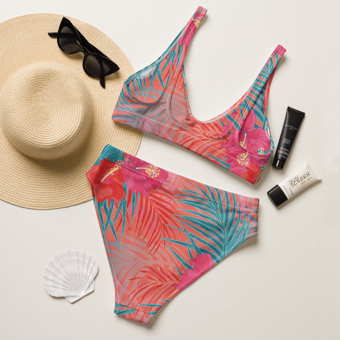Pink and sky blue swimsuit for Her | Women's high - waisted bikini | Beach Babes - PratSN