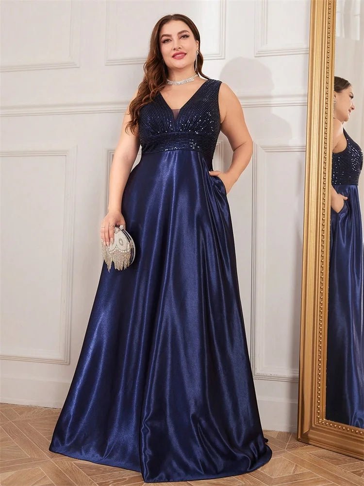 Plus Size Elegant Sequins Evening Dress For Women 2025 Deep V - neck Satin Prom Party Dress Floor Length Formal Gowns - PratSN