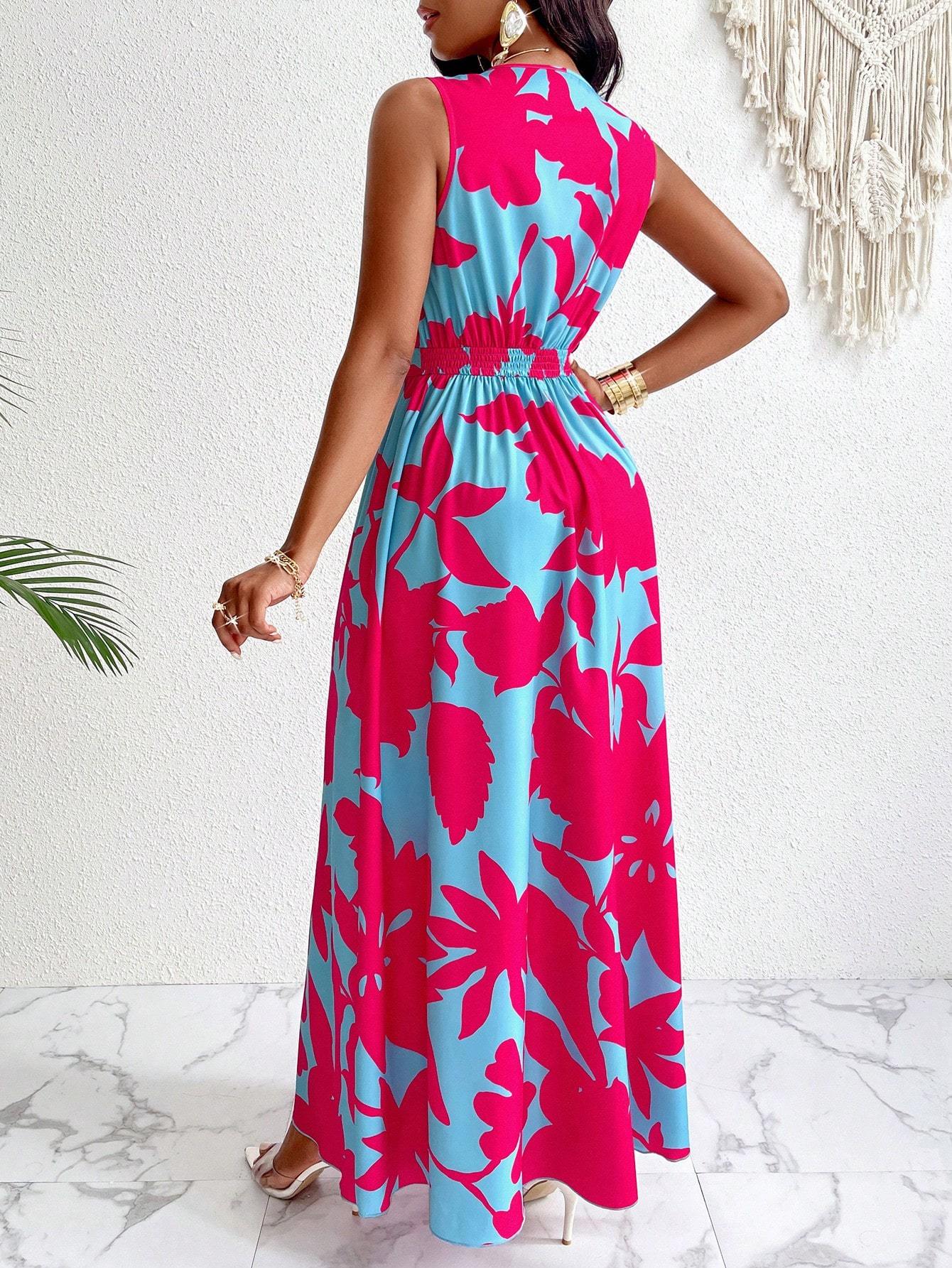 Print Deep V Neckline Cinched Waist Fit And Flare Dress Maxi Women Outfit - PratSN