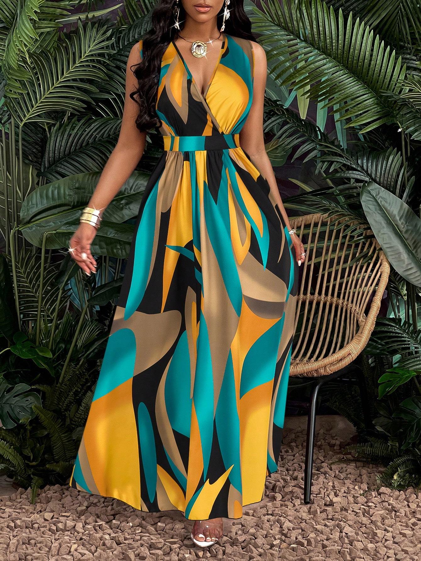 Print Deep V Neckline Cinched Waist Fit And Flare Dress Maxi Women Outfit - PratSN