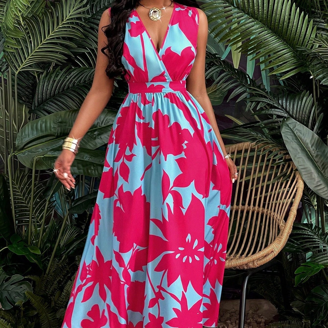 Print Deep V Neckline Cinched Waist Fit And Flare Dress Maxi Women Outfit - PratSN