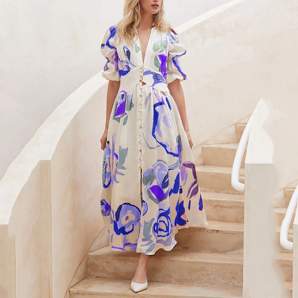 Print Dresses For Women Summer V - neck Button Short Sleeve Dress - PratSN