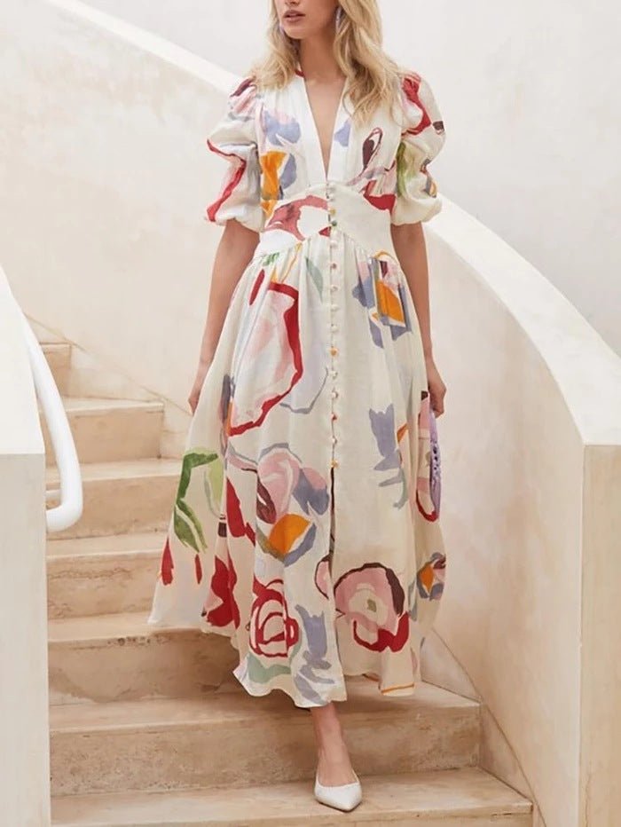 Print Dresses For Women Summer V - neck Button Short Sleeve Dress - PratSN