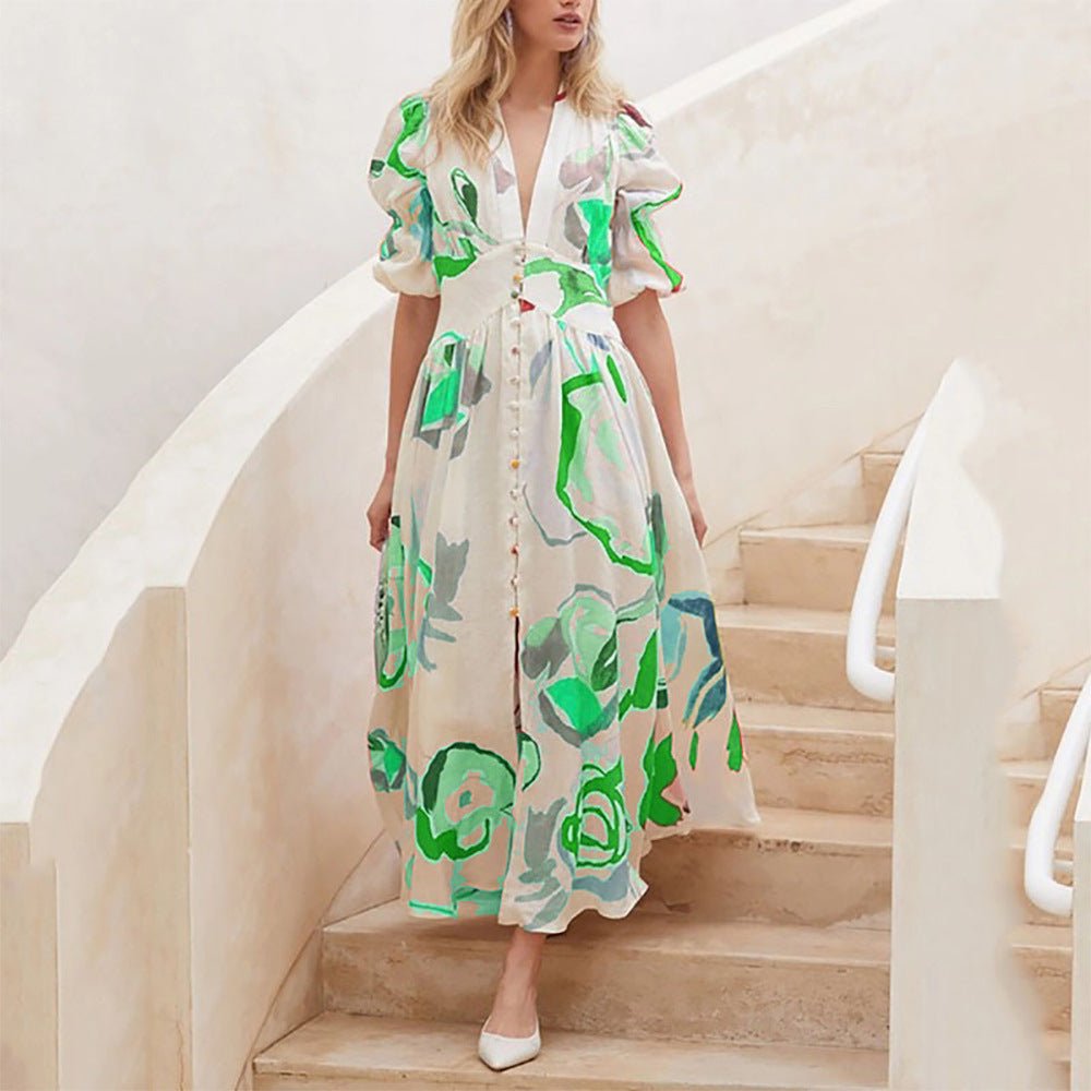 Print Dresses For Women Summer V - neck Button Short Sleeve Dress - PratSN