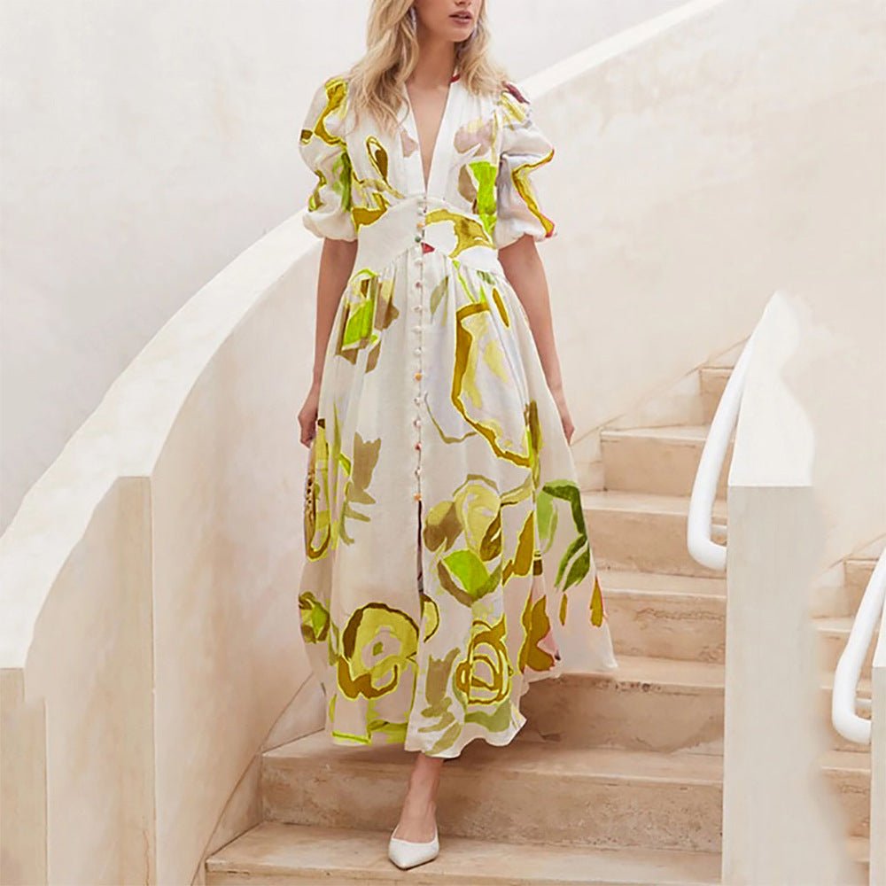 Print Dresses For Women Summer V - neck Button Short Sleeve Dress - PratSN