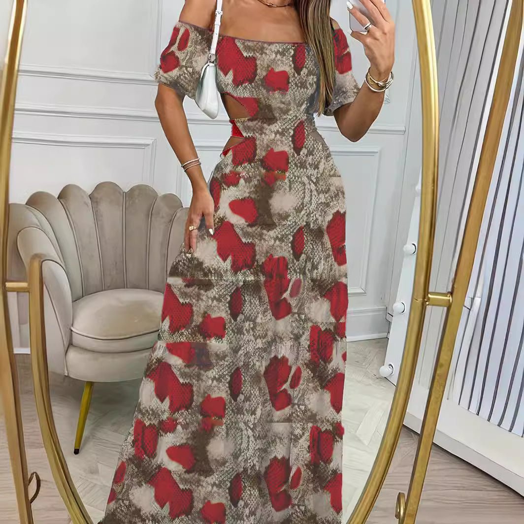 Printed One - line Collar Short - sleeved Long Dress With Hollow Waist Design Summer Vacation Dresses For Women Clothing - PratSN
