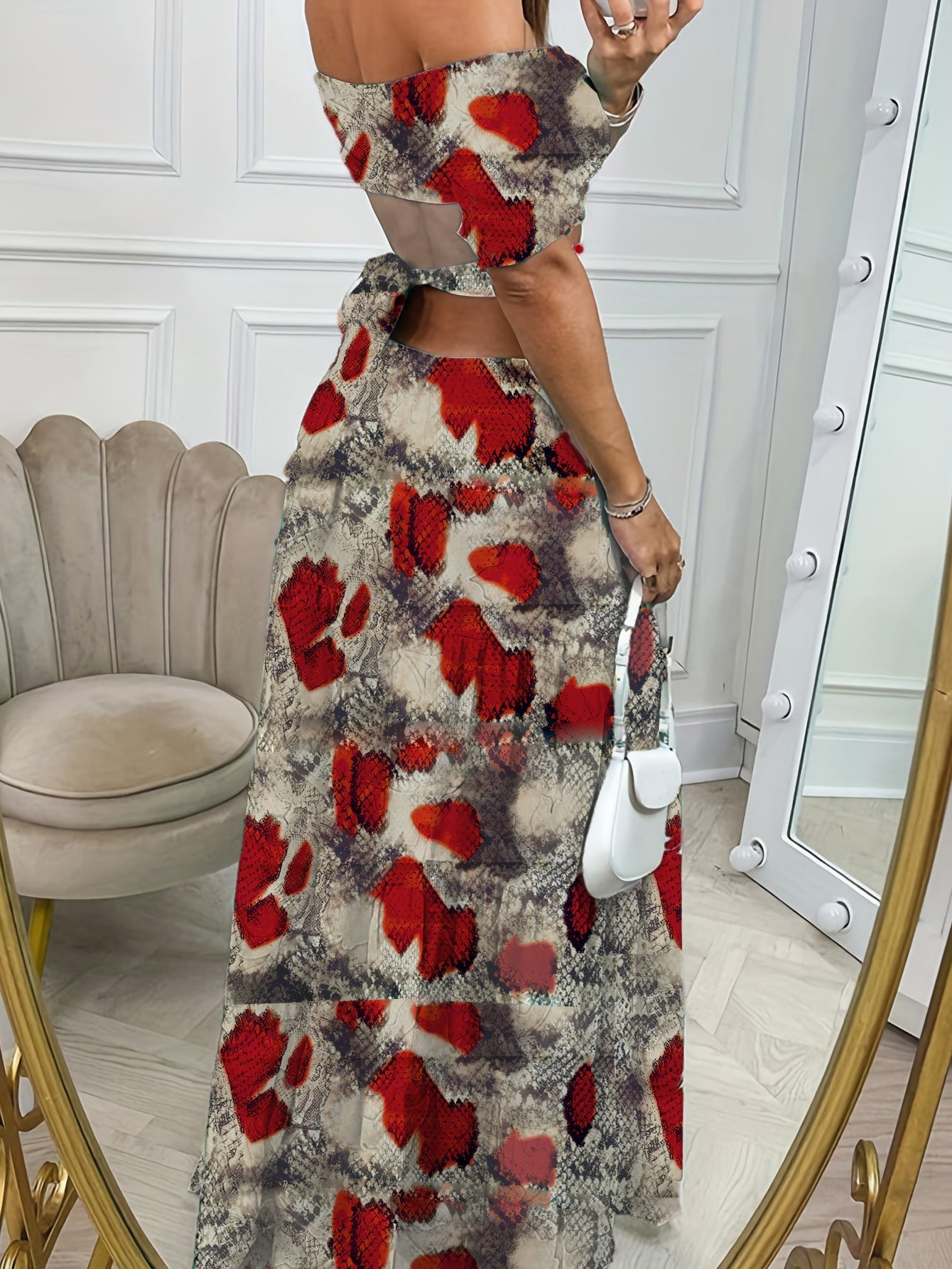 Printed One - line Collar Short - sleeved Long Dress With Hollow Waist Design Summer Vacation Dresses For Women Clothing - PratSN