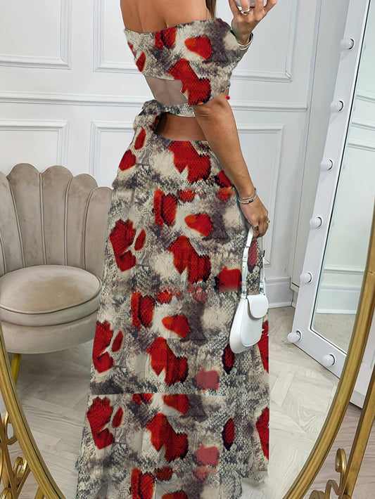 Printed One - line Collar Short - sleeved Long Dress With Hollow Waist Design Summer Vacation Dresses For Women Clothing - PratSN
