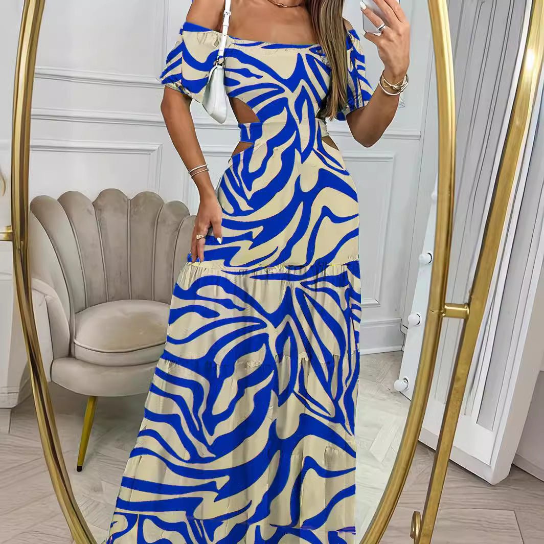 Printed One - line Collar Short - sleeved Long Dress With Hollow Waist Design Summer Vacation Dresses For Women Clothing - PratSN