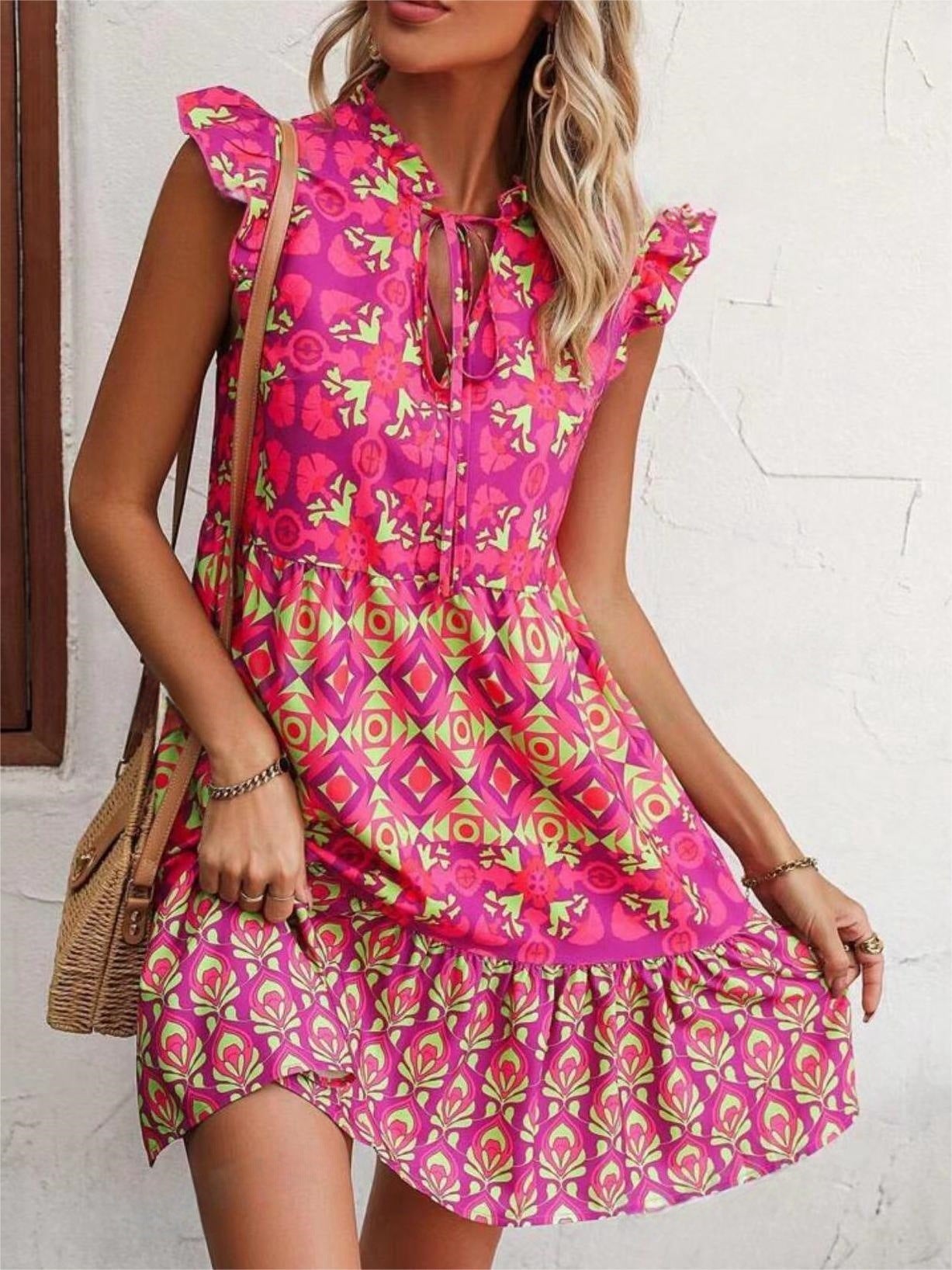 Printed Sleeveless Dress Summer Fashion V - Neck Lace - up Straight Dresses For Womens Clothing - PratSN