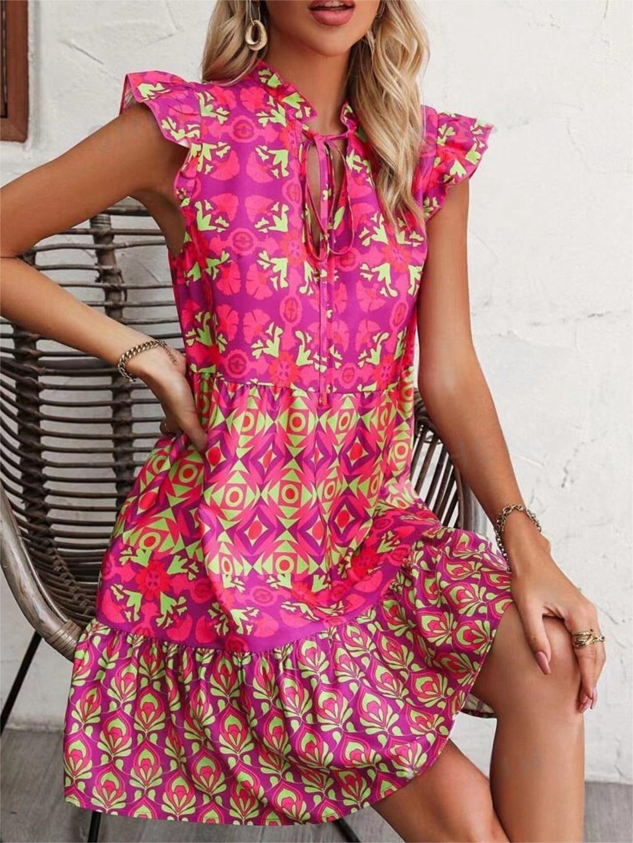 Printed Sleeveless Dress Summer Fashion V - Neck Lace - up Straight Dresses For Womens Clothing - PratSN