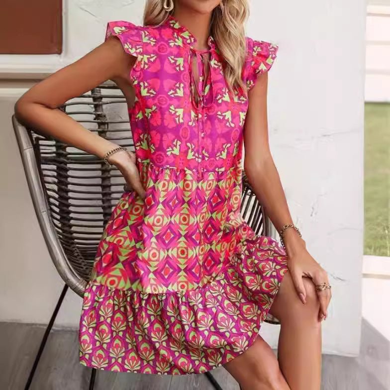 Printed Sleeveless Dress Summer Fashion V - Neck Lace - up Straight Dresses For Womens Clothing - PratSN