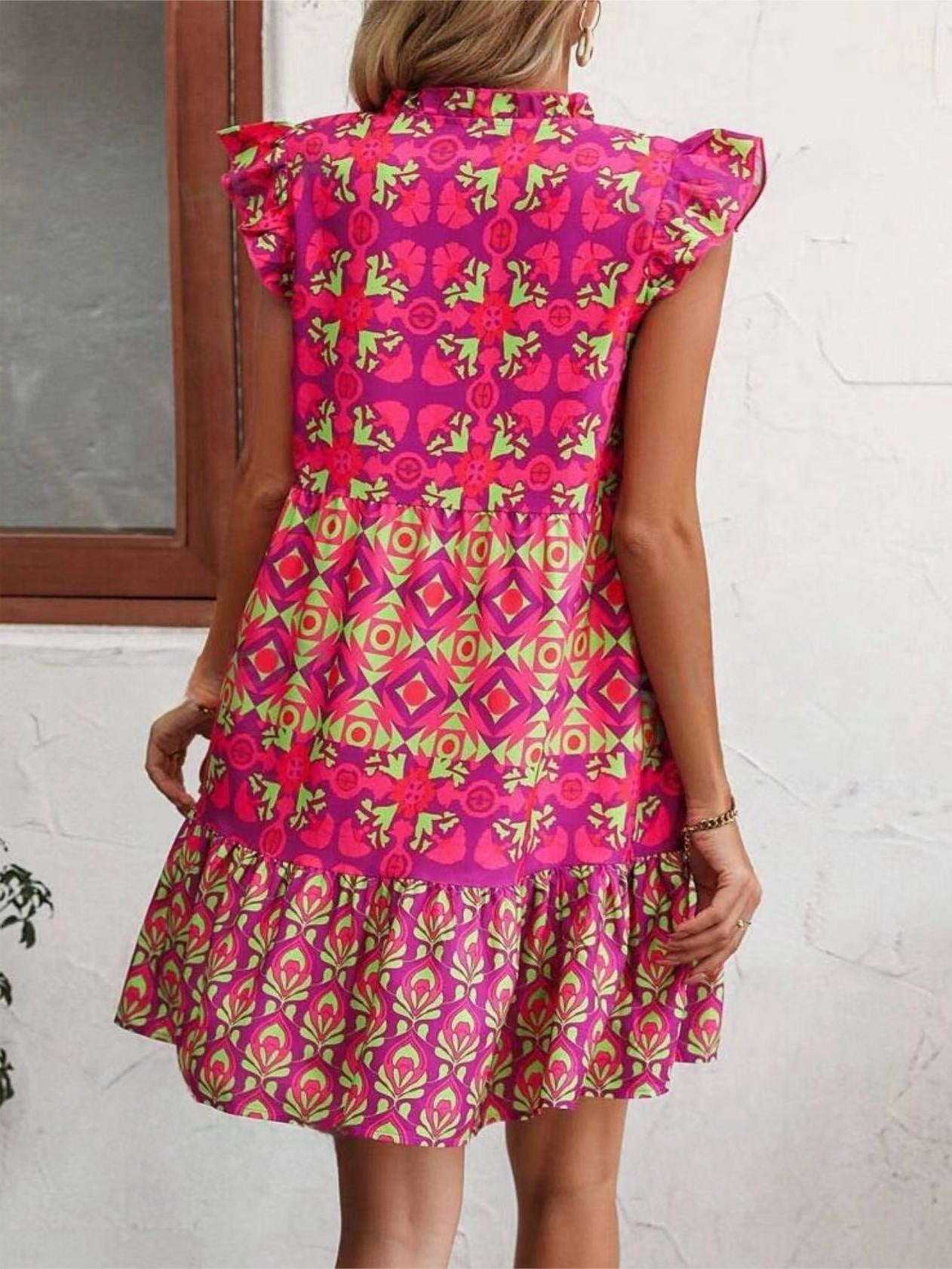 Printed Sleeveless Dress Summer Fashion V - Neck Lace - up Straight Dresses For Womens Clothing - PratSN