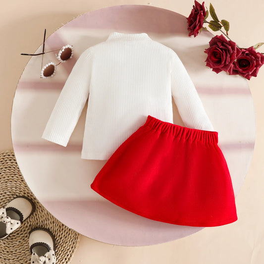 Pudcoco Toddler Baby Girl Fall Outfit Heart Mock Neck Long Sleeve Tops with 3D Flower Mini A Line Skirt 2Pcs Set 6M - 4T - PratSN
