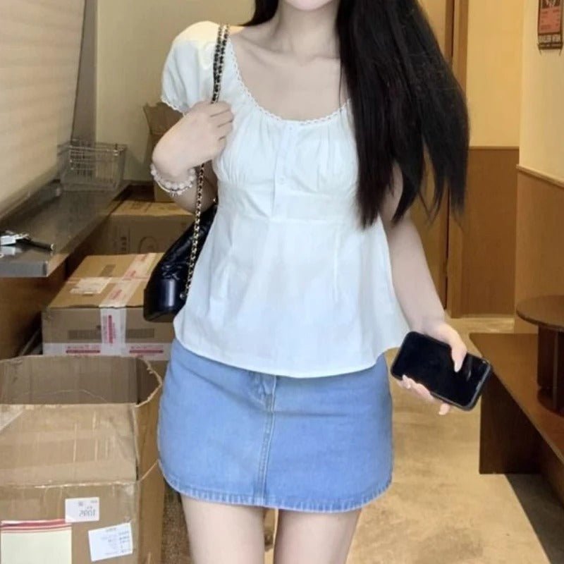 Puff Sleeve White Shirt Women's Short Sleeve Top - PratSN