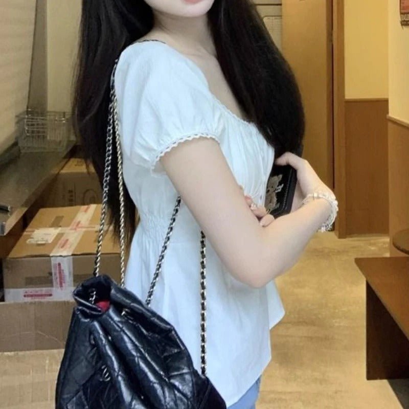 Puff Sleeve White Shirt Women's Short Sleeve Top - PratSN