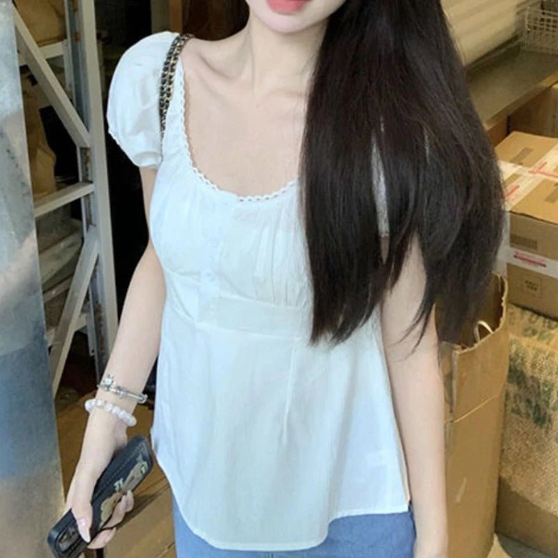 Puff Sleeve White Shirt Women's Short Sleeve Top - PratSN