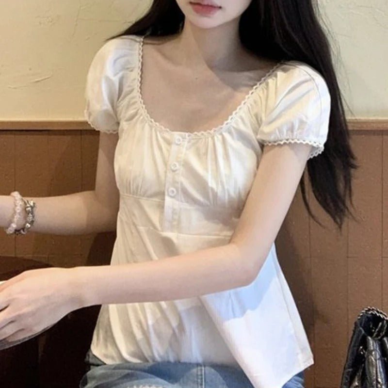 Puff Sleeve White Shirt Women's Short Sleeve Top - PratSN