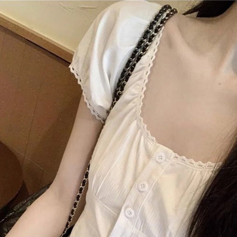 Puff Sleeve White Shirt Women's Short Sleeve Top - PratSN