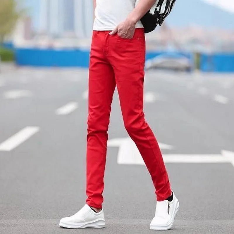Pure White Slim Fit Men's Jeans Elastic Casual Faison Straight Leg Long Trousers Spring Summer Low Waist Button Closure - PratSN