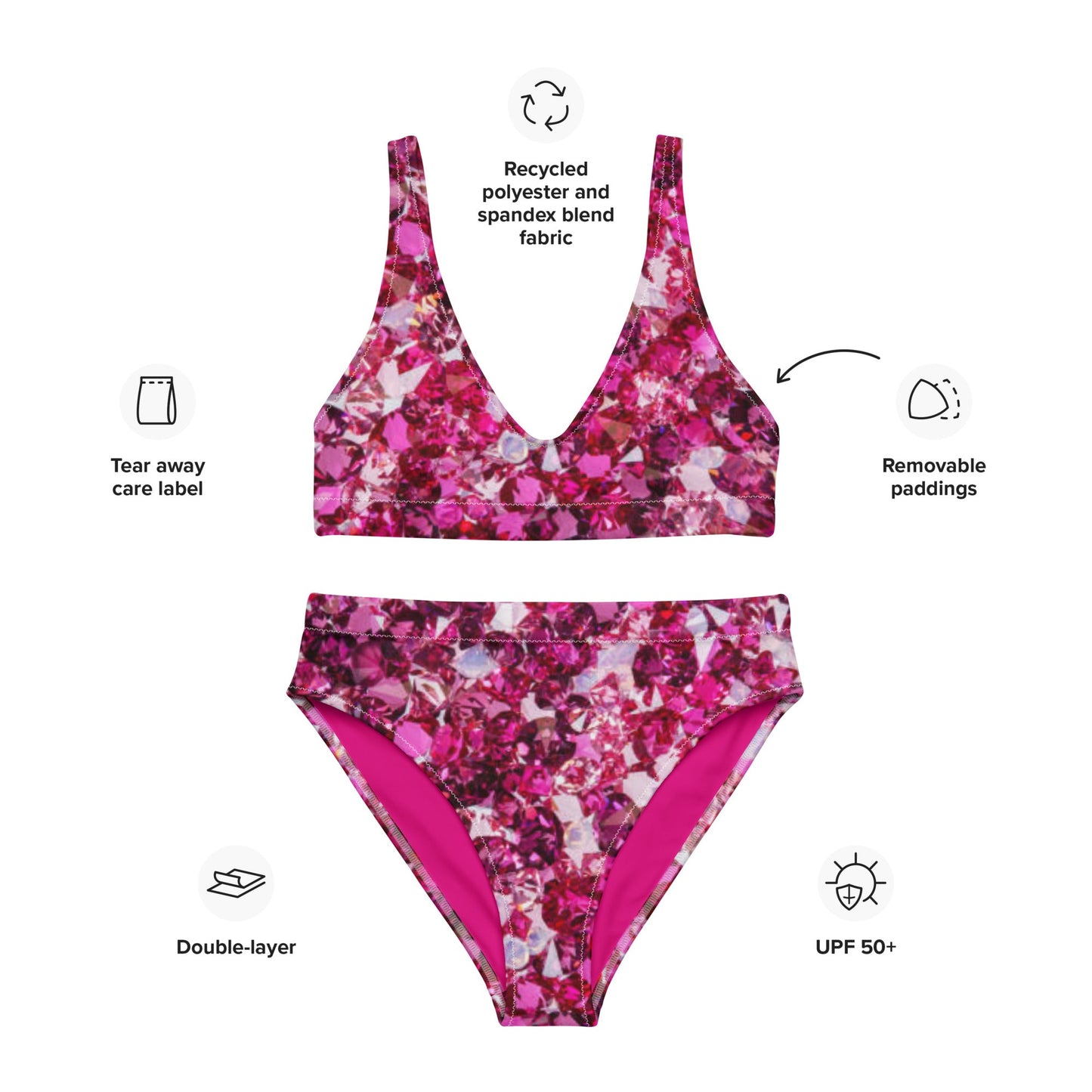 Recycled high - waisted bikini, Beach dress, Beach dress for summer and spring Pink Ruby Bikini, Rhinestone Print, ( Not Real Sequins Design Is Printed Onto Fabric) - PratSN