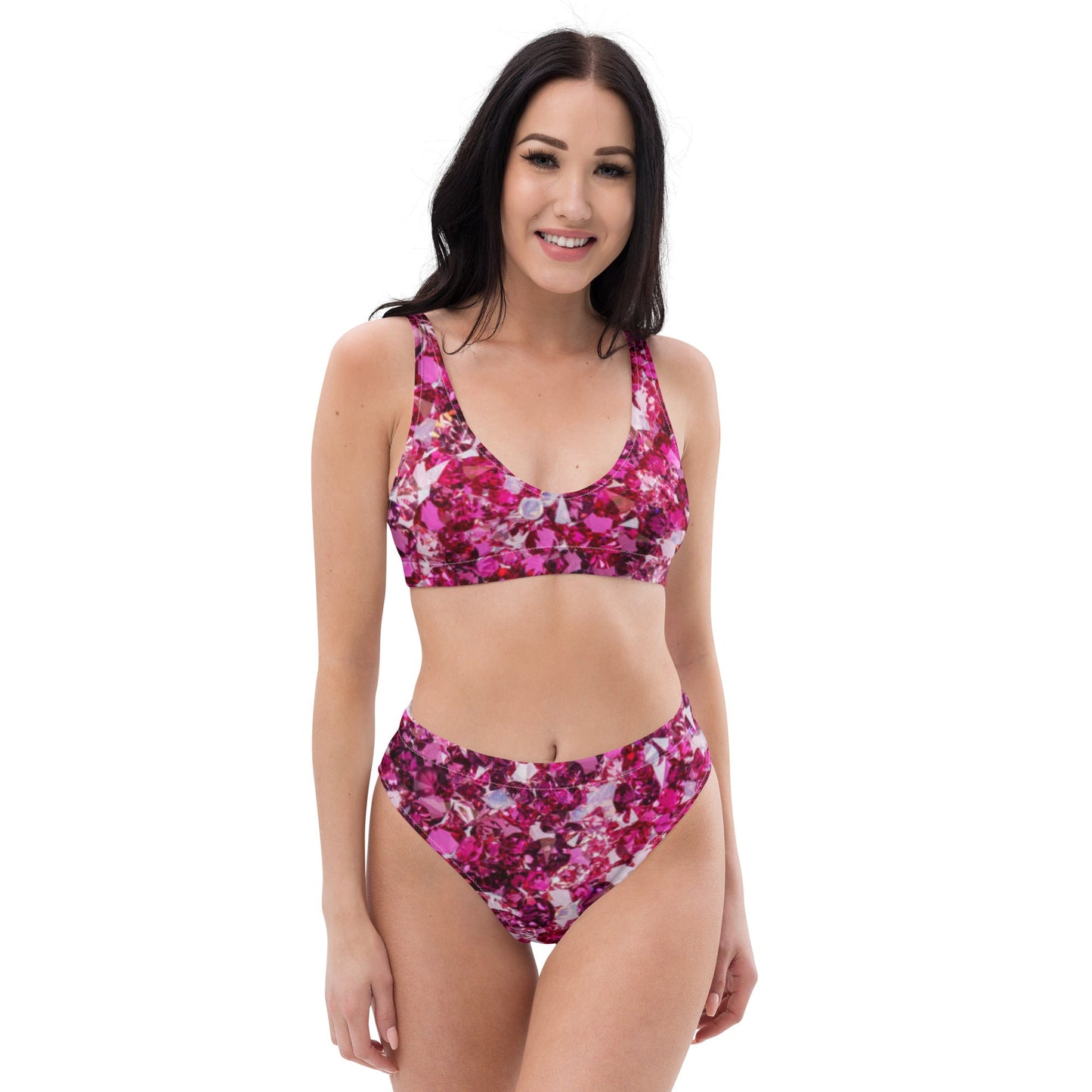 Recycled high - waisted bikini, Beach dress, Beach dress for summer and spring Pink Ruby Bikini, Rhinestone Print, ( Not Real Sequins Design Is Printed Onto Fabric) - PratSN