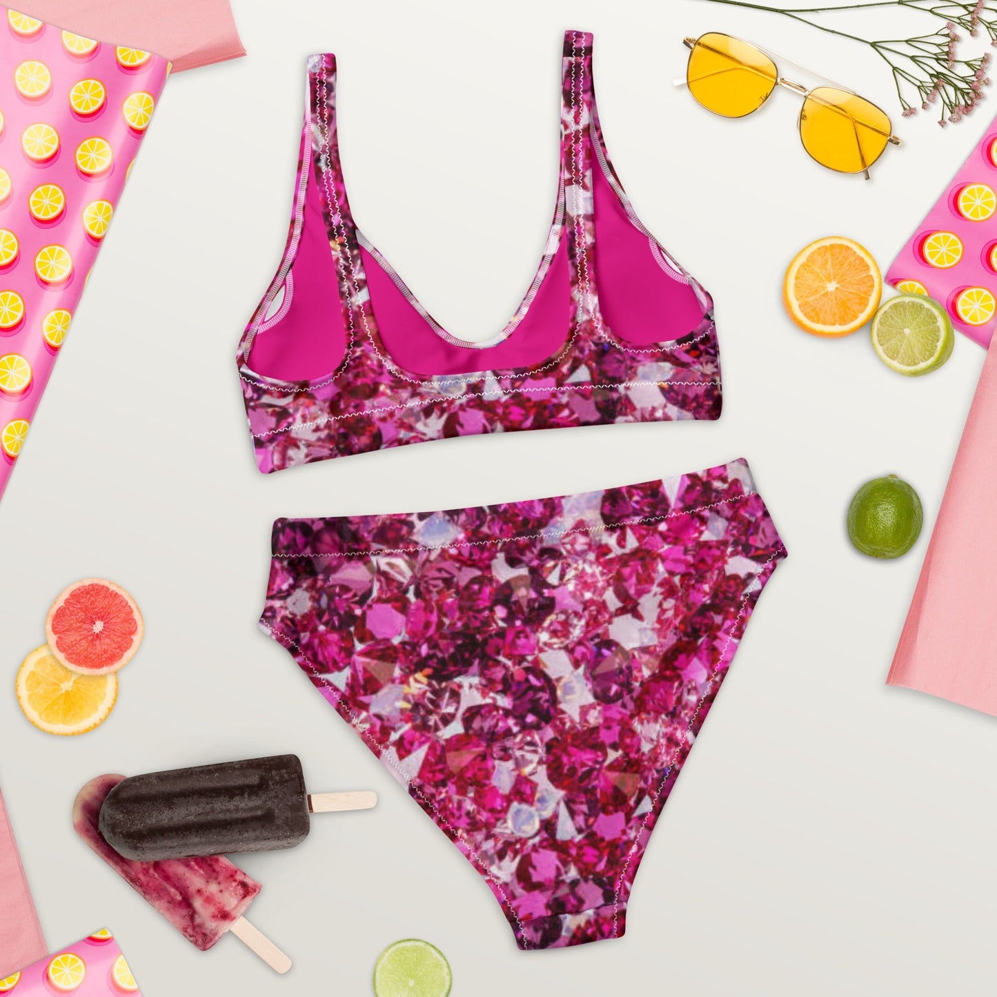 Recycled high - waisted bikini, Beach dress, Beach dress for summer and spring Pink Ruby Bikini, Rhinestone Print, ( Not Real Sequins Design Is Printed Onto Fabric) - PratSN