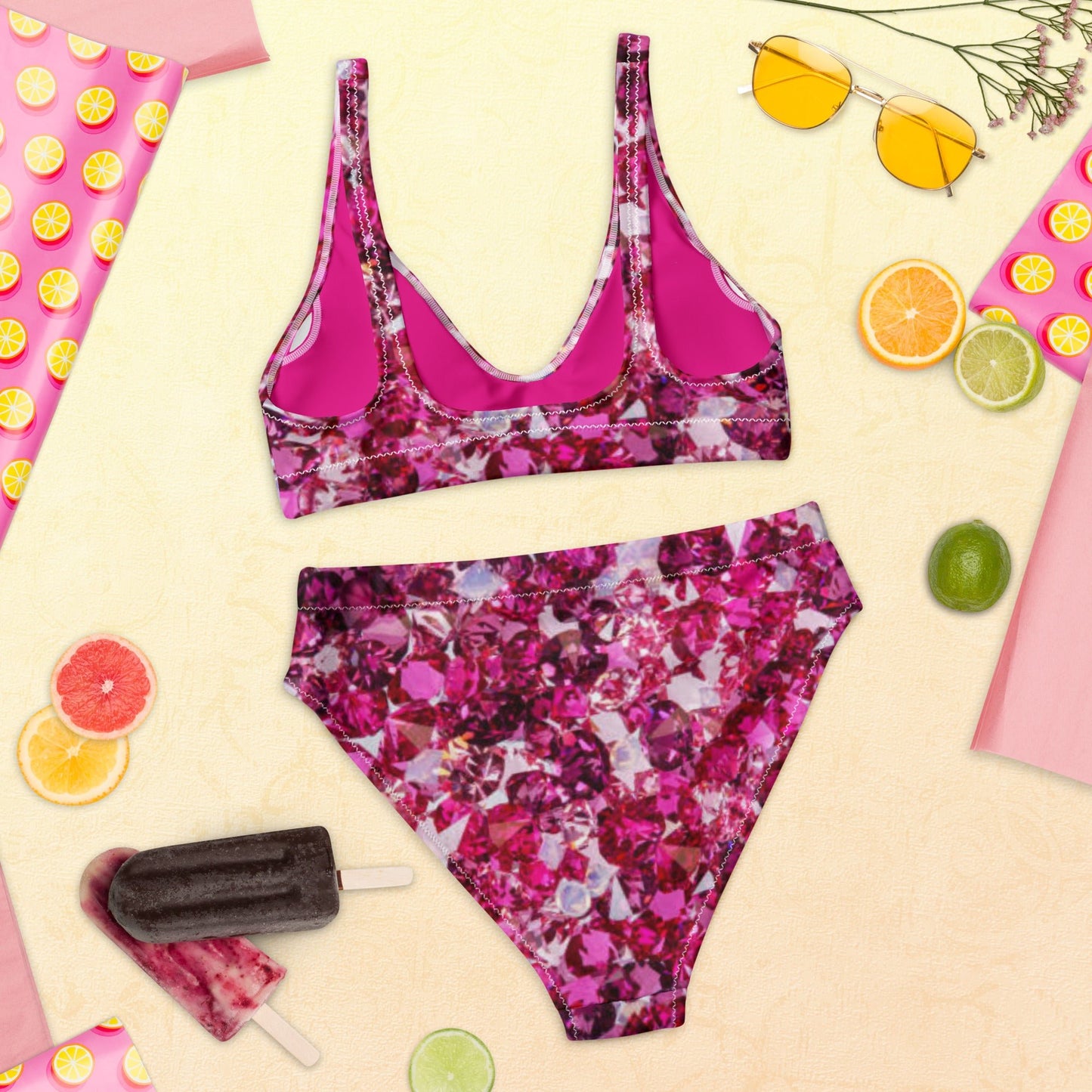 Recycled high - waisted bikini, Beach dress, Beach dress for summer and spring Pink Ruby Bikini, Rhinestone Print, ( Not Real Sequins Design Is Printed Onto Fabric) - PratSN