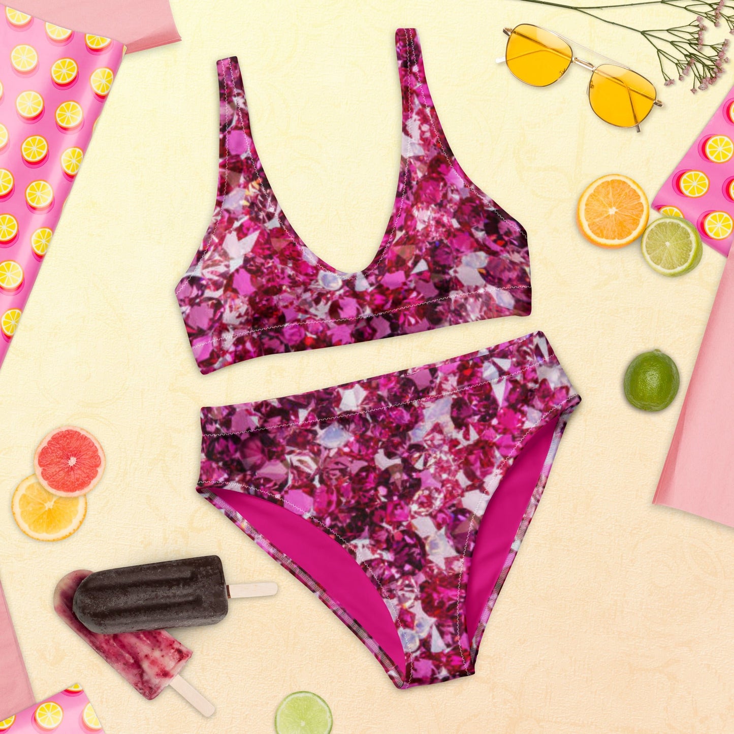 Recycled high - waisted bikini, Beach dress, Beach dress for summer and spring Pink Ruby Bikini, Rhinestone Print, ( Not Real Sequins Design Is Printed Onto Fabric) - PratSN