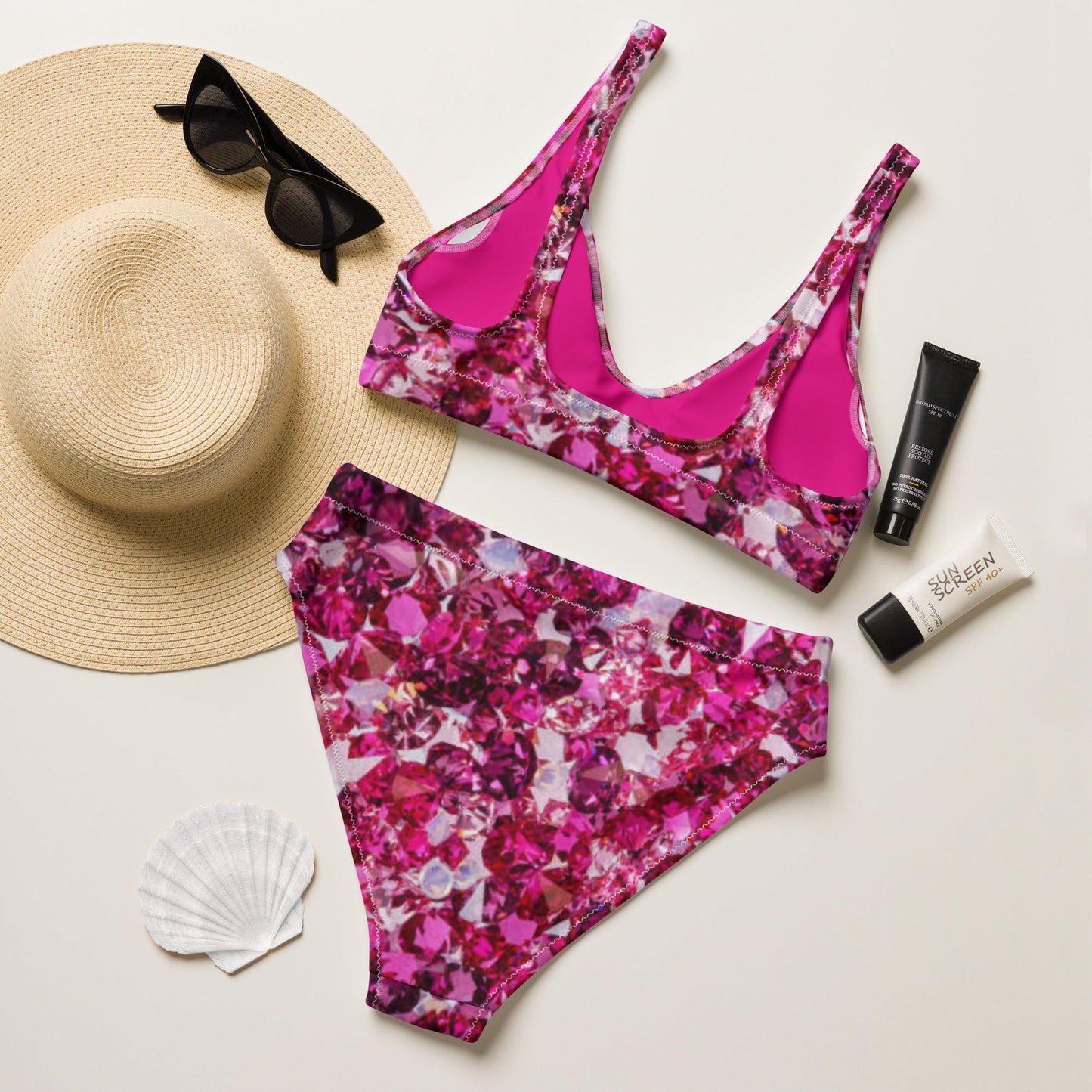 Recycled high - waisted bikini, Beach dress, Beach dress for summer and spring Pink Ruby Bikini, Rhinestone Print, ( Not Real Sequins Design Is Printed Onto Fabric) - PratSN