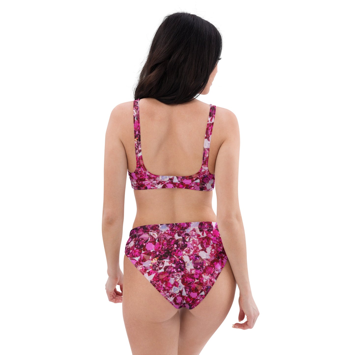 Recycled high - waisted bikini, Beach dress, Beach dress for summer and spring Pink Ruby Bikini, Rhinestone Print, ( Not Real Sequins Design Is Printed Onto Fabric) - PratSN