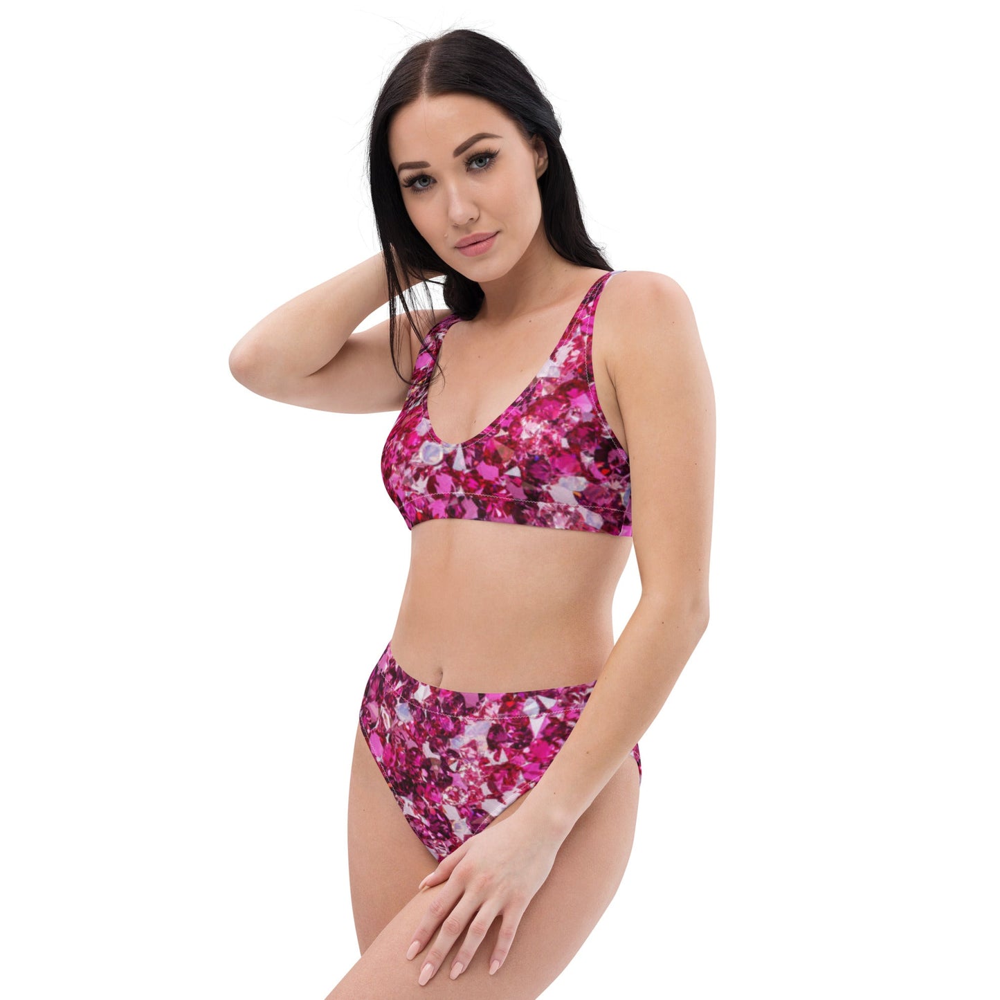 Recycled high - waisted bikini, Beach dress, Beach dress for summer and spring Pink Ruby Bikini, Rhinestone Print, ( Not Real Sequins Design Is Printed Onto Fabric) - PratSN
