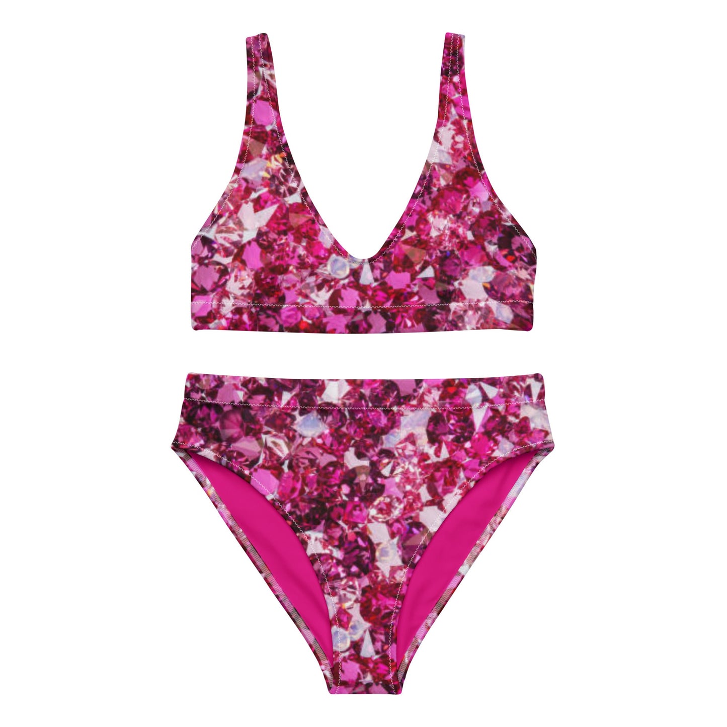 Recycled high - waisted bikini, Beach dress, Beach dress for summer and spring Pink Ruby Bikini, Rhinestone Print, ( Not Real Sequins Design Is Printed Onto Fabric) - PratSN