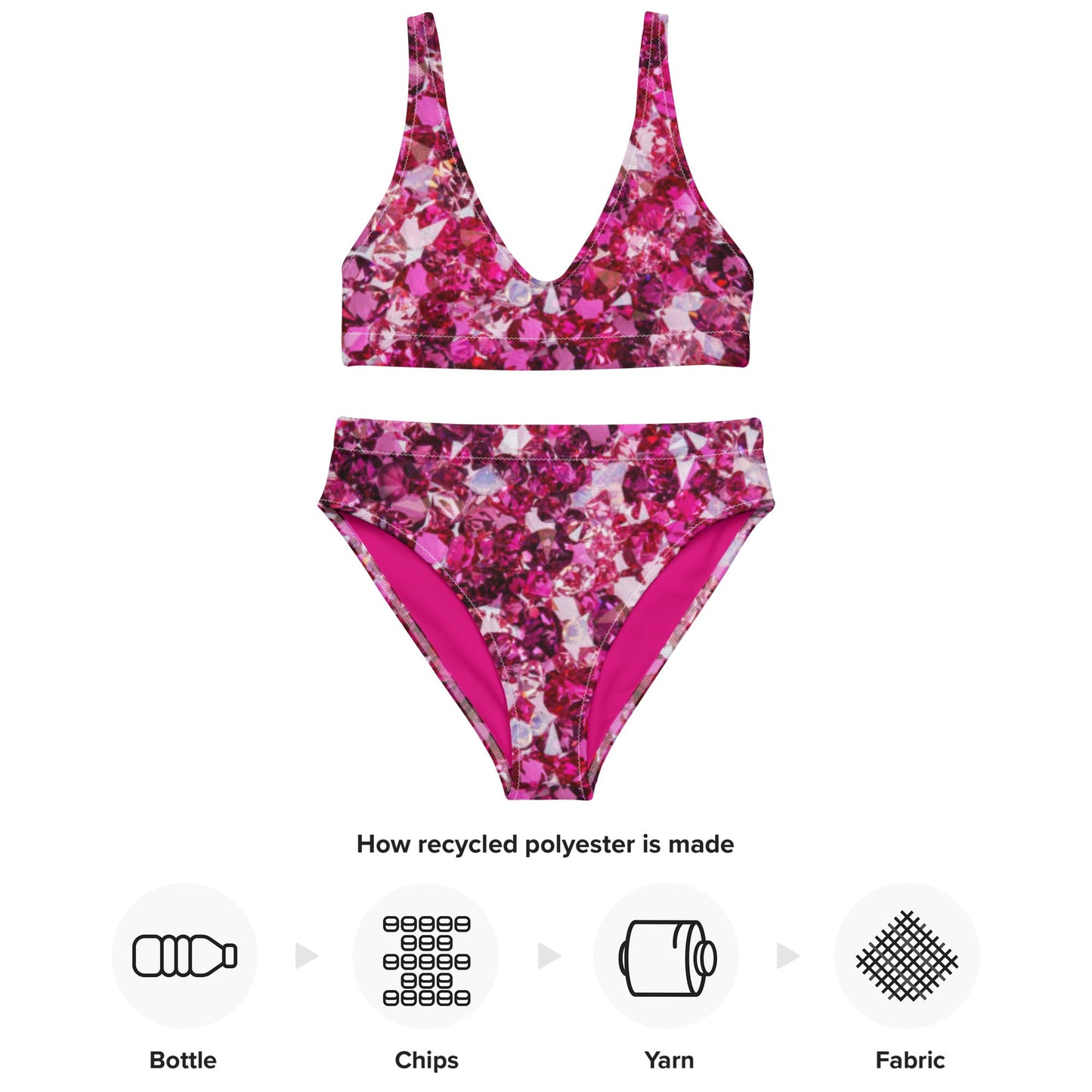 Recycled high - waisted bikini, Beach dress, Beach dress for summer and spring Pink Ruby Bikini, Rhinestone Print, ( Not Real Sequins Design Is Printed Onto Fabric) - PratSN
