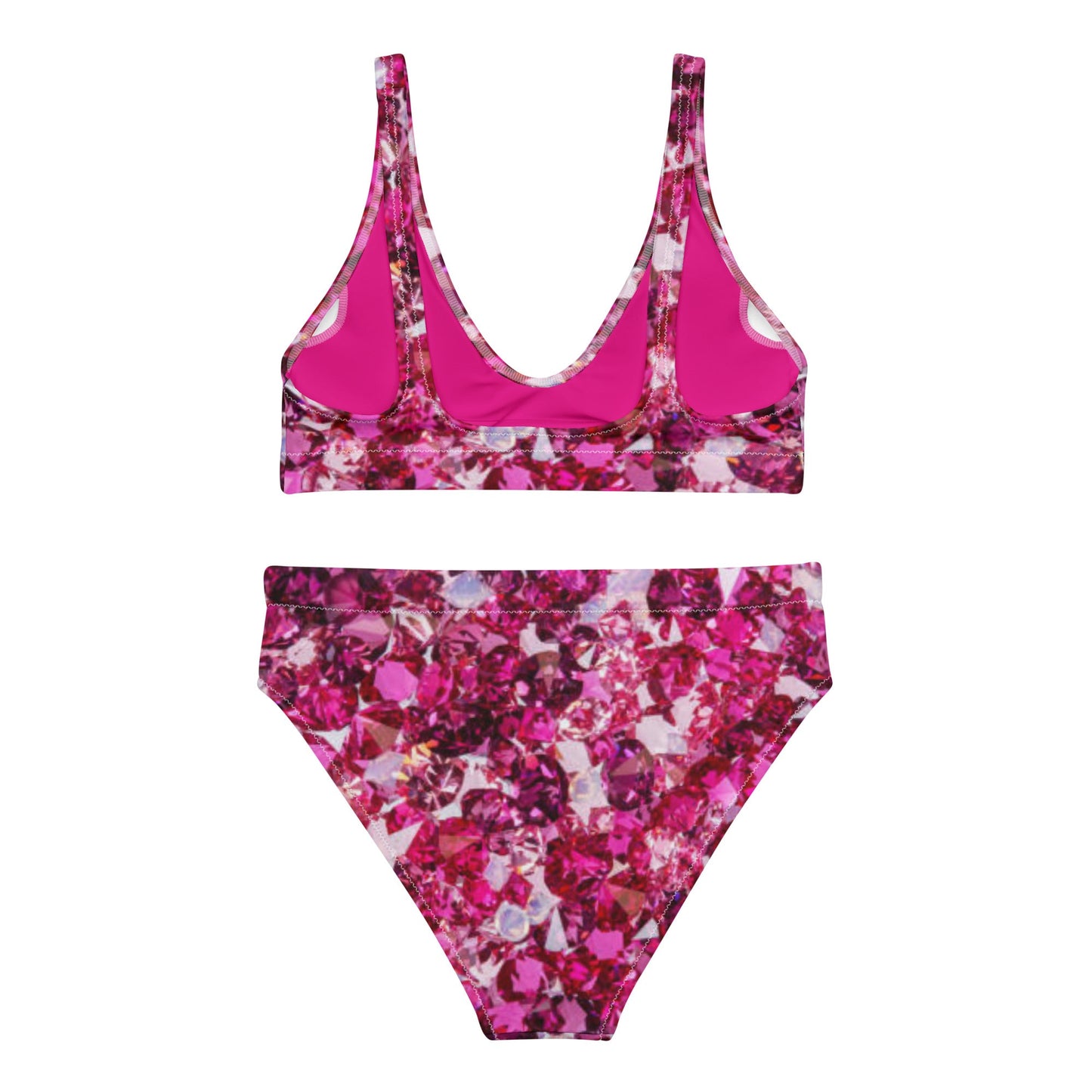 Recycled high - waisted bikini, Beach dress, Beach dress for summer and spring Pink Ruby Bikini, Rhinestone Print, ( Not Real Sequins Design Is Printed Onto Fabric) - PratSN