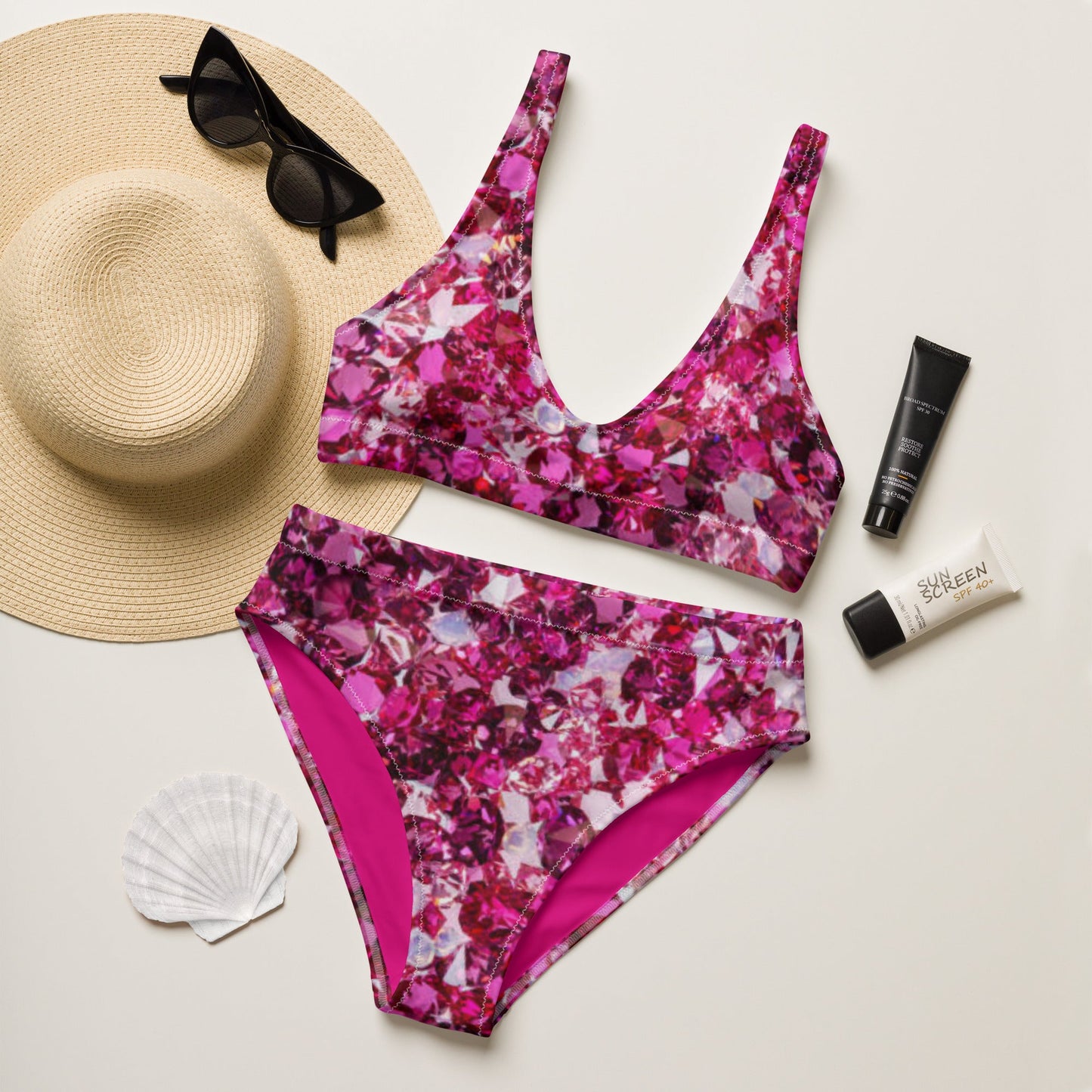Recycled high - waisted bikini, Beach dress, Beach dress for summer and spring Pink Ruby Bikini, Rhinestone Print, ( Not Real Sequins Design Is Printed Onto Fabric) - PratSN