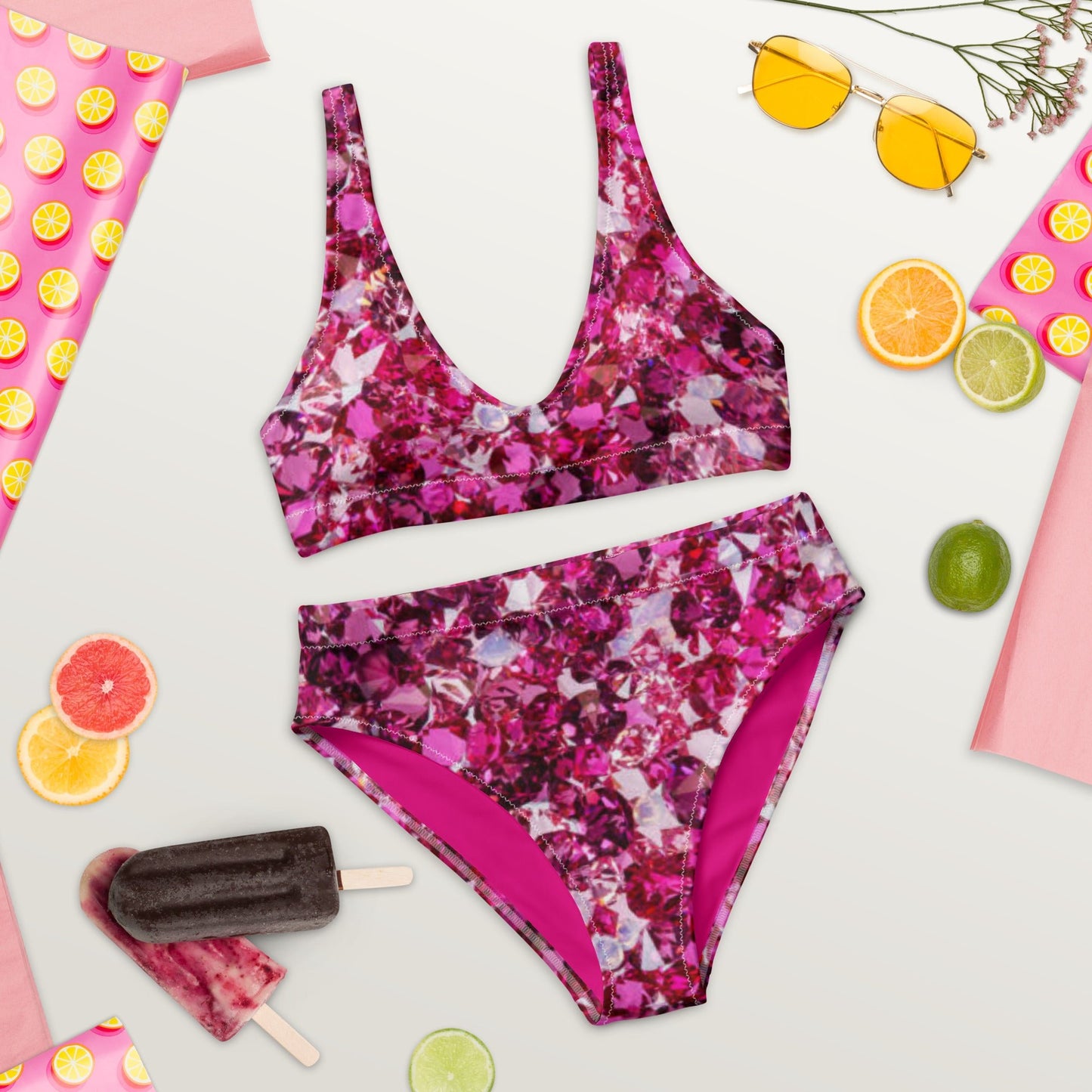 Recycled high - waisted bikini, Beach dress, Beach dress for summer and spring Pink Ruby Bikini, Rhinestone Print, ( Not Real Sequins Design Is Printed Onto Fabric) - PratSN